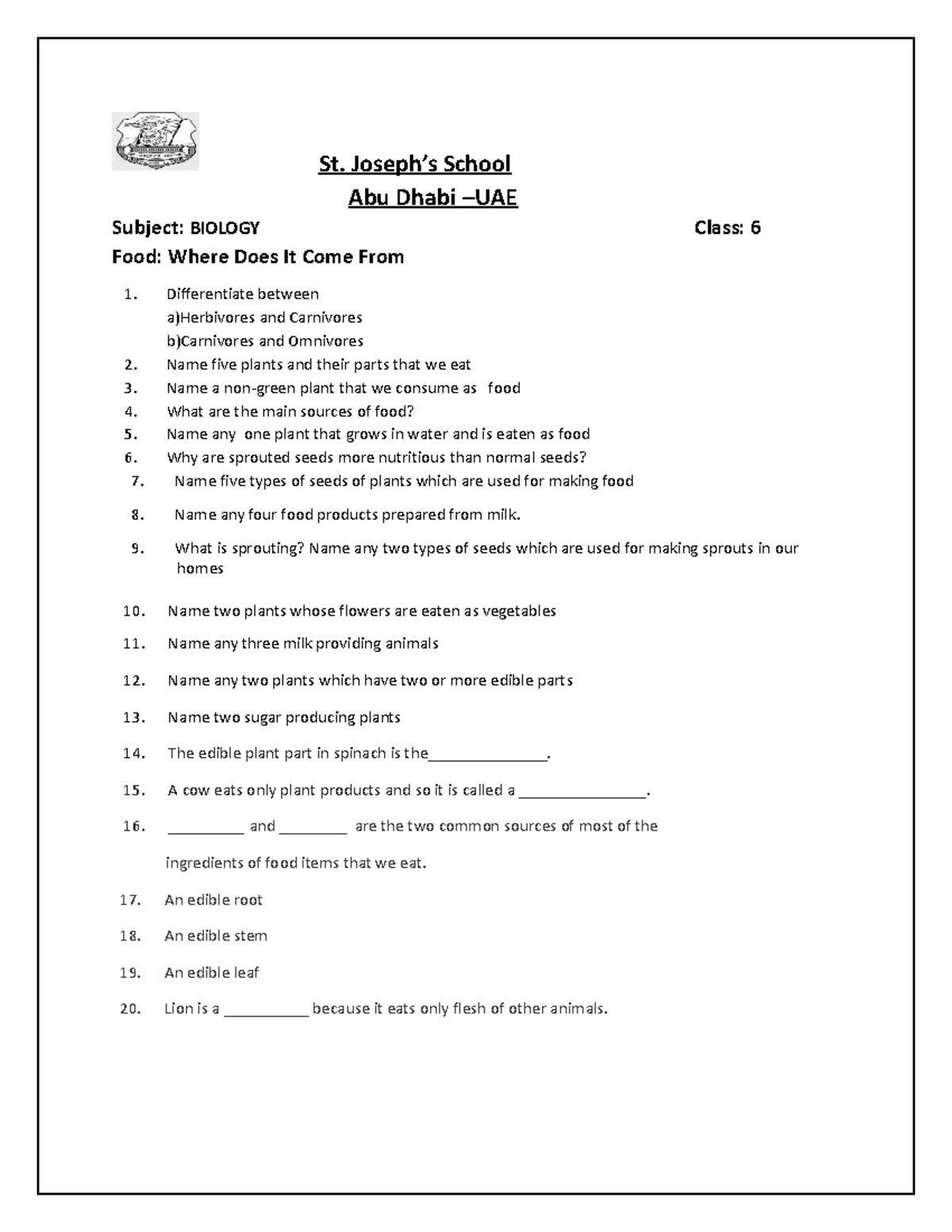 Food worksheet aaaa st joseph s school abu dhabi uae subject