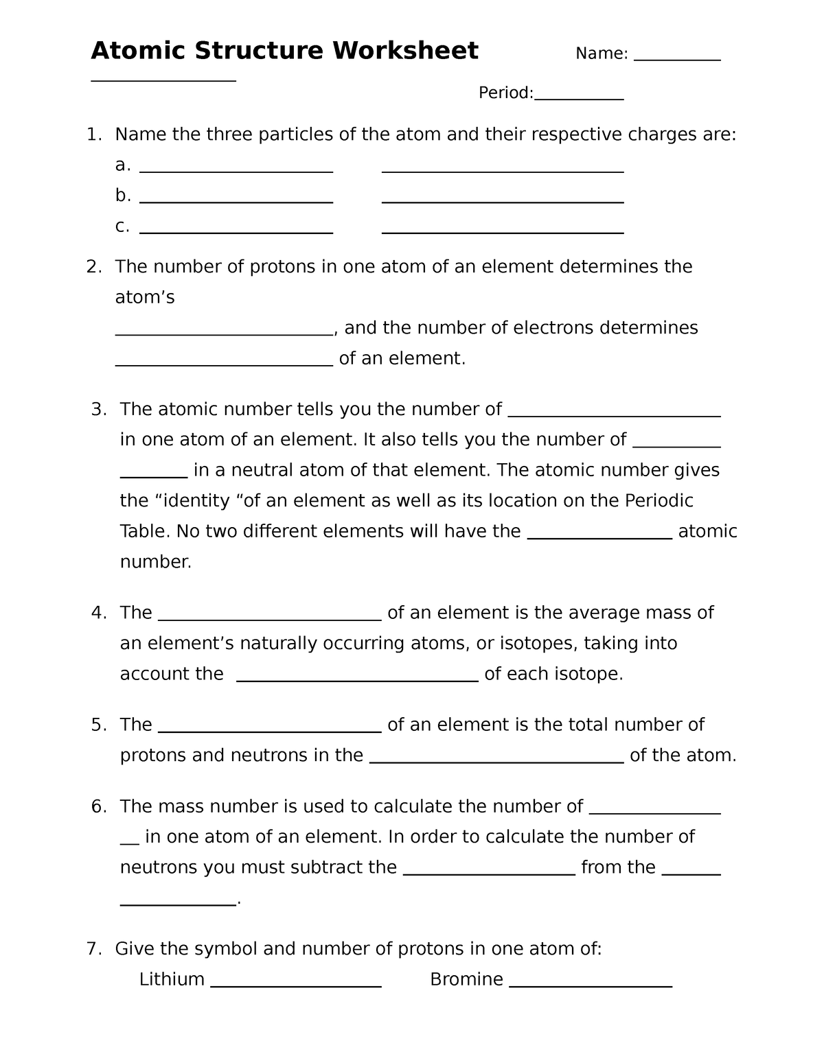 Atomic Structure Packet - Atomic Structure Worksheet Name: Period: 1 ...