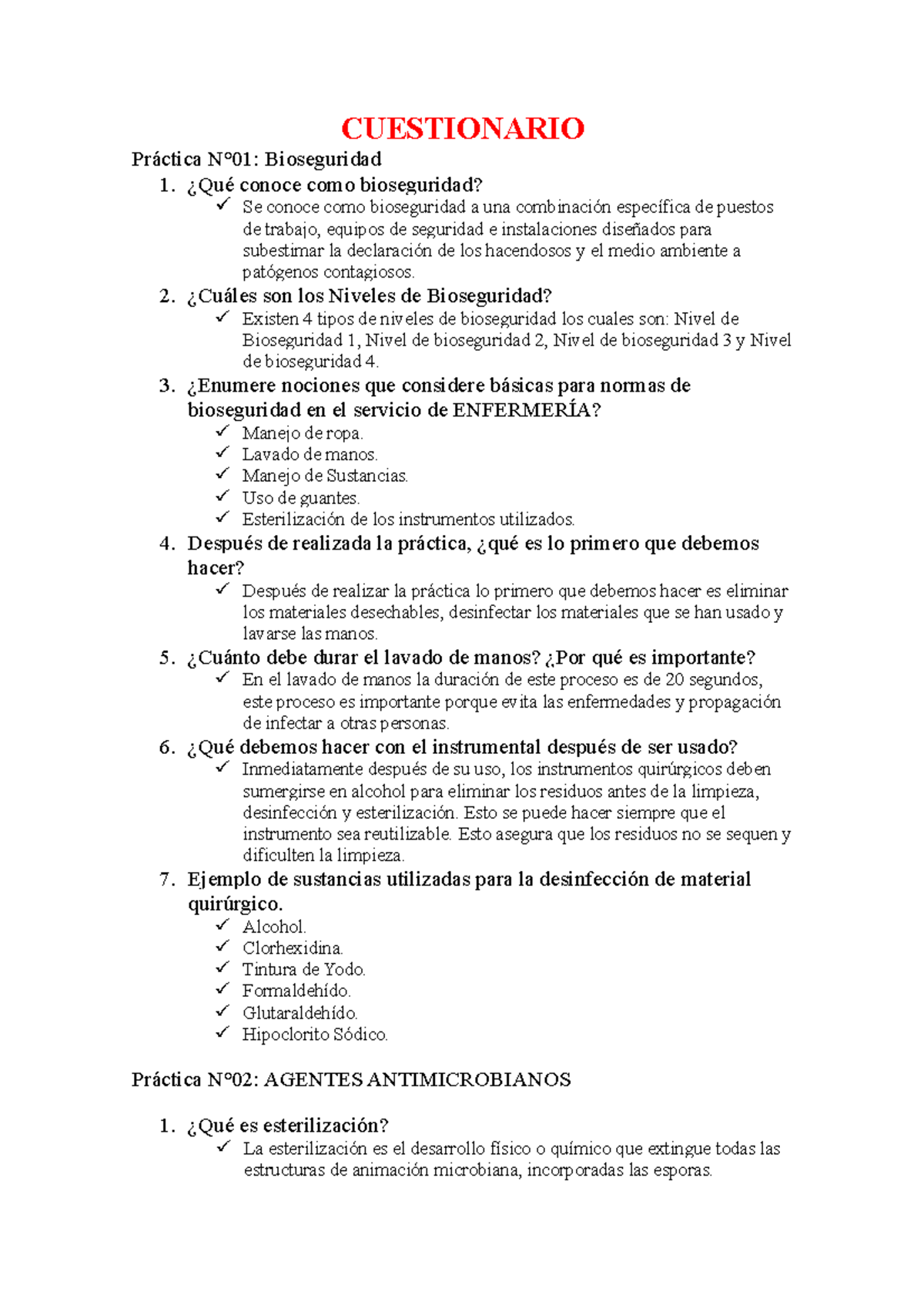 Cuestionario - CUESTIONARIO Práctica N°01: Bioseguridad 1. ¿Qué Conoce ...