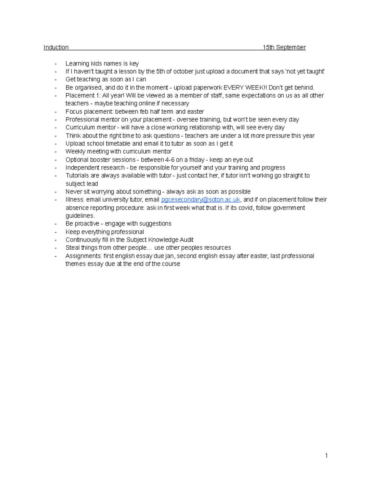 Secondary English PGCE Notes Term One - Induction 15th September ...