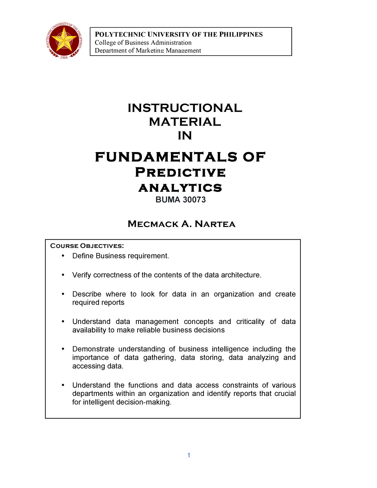 BUMA 30073 Fundamentals OF Predictive Analytics - POLYTECHNIC ...