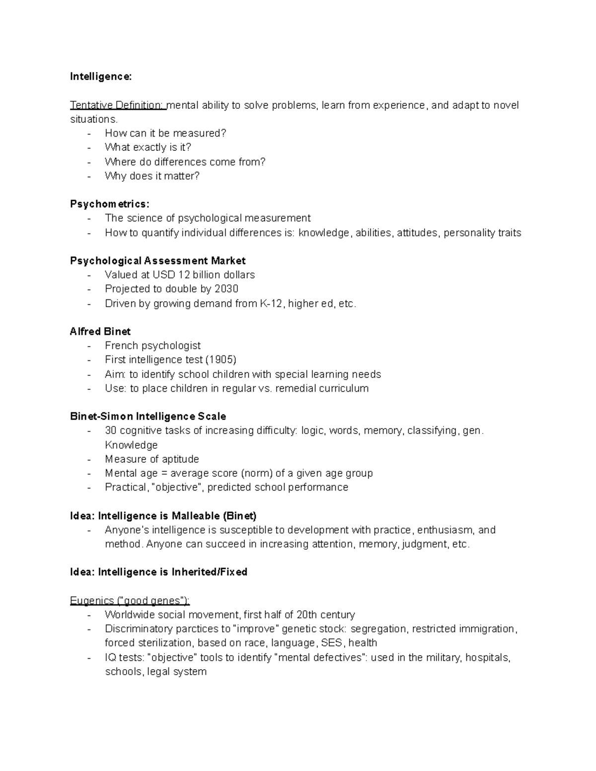 Psych Lecture 6 Intelligence Tentative Definition mental ability