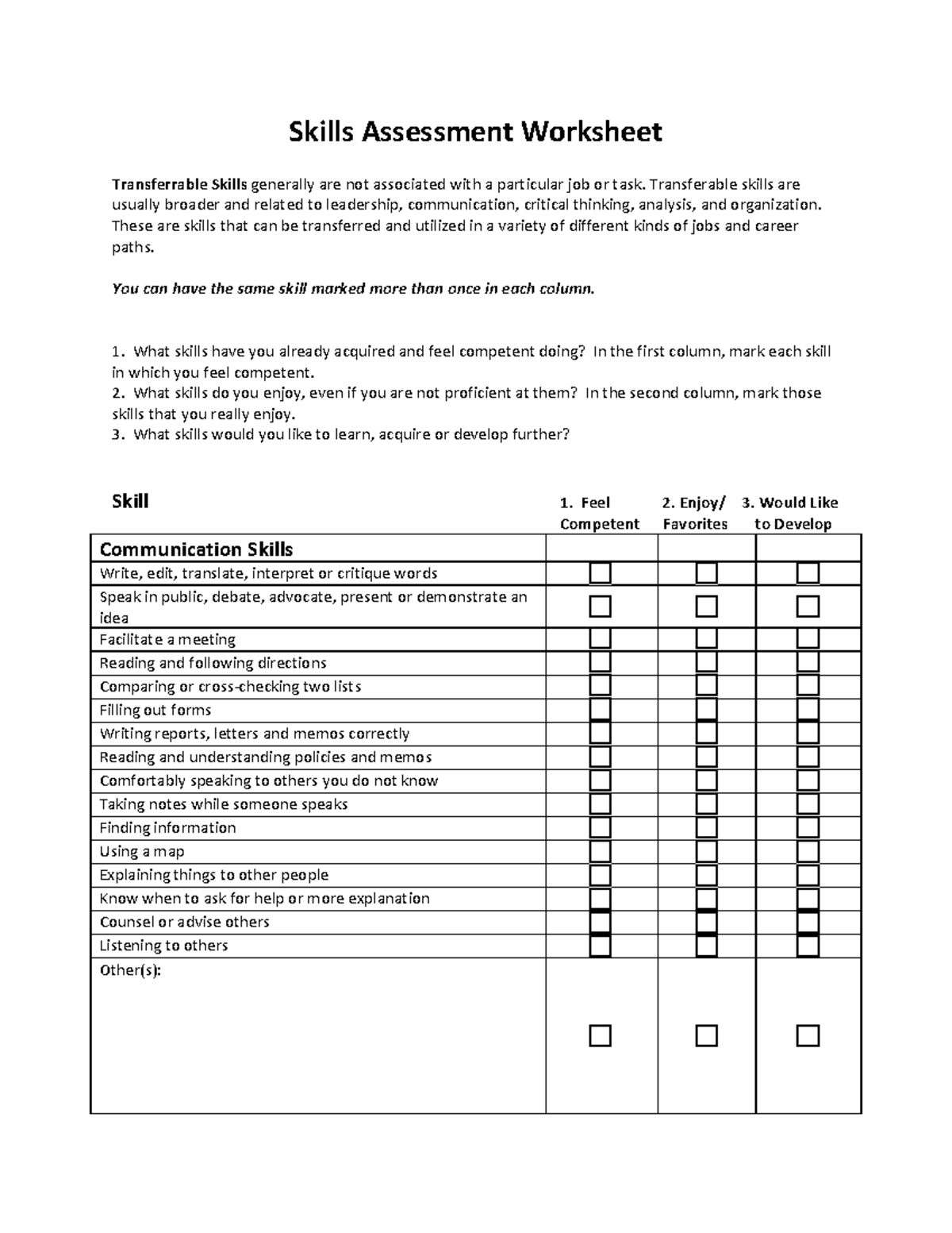 Skills Inventory Worksheet (Fillable) - Skills Assessment Worksheet ...