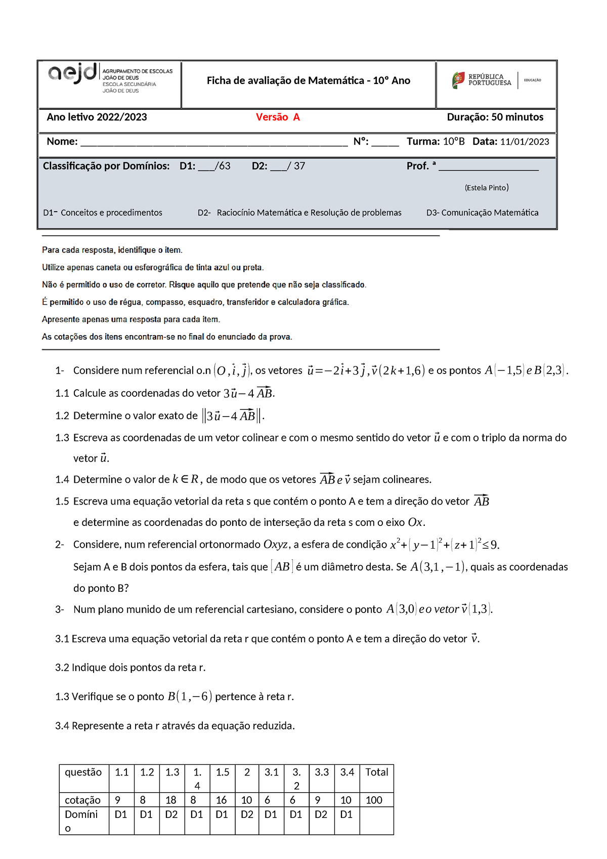 Miniteste 2 Versão A 10º B Ficha De Avaliação De Matemática 10º Ano