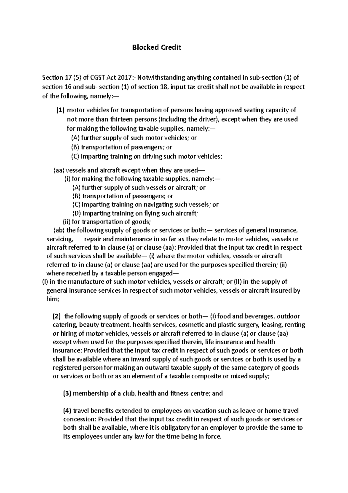 Blocked Credit Blocked Credit Section 17 (5) of CGST Act 2017