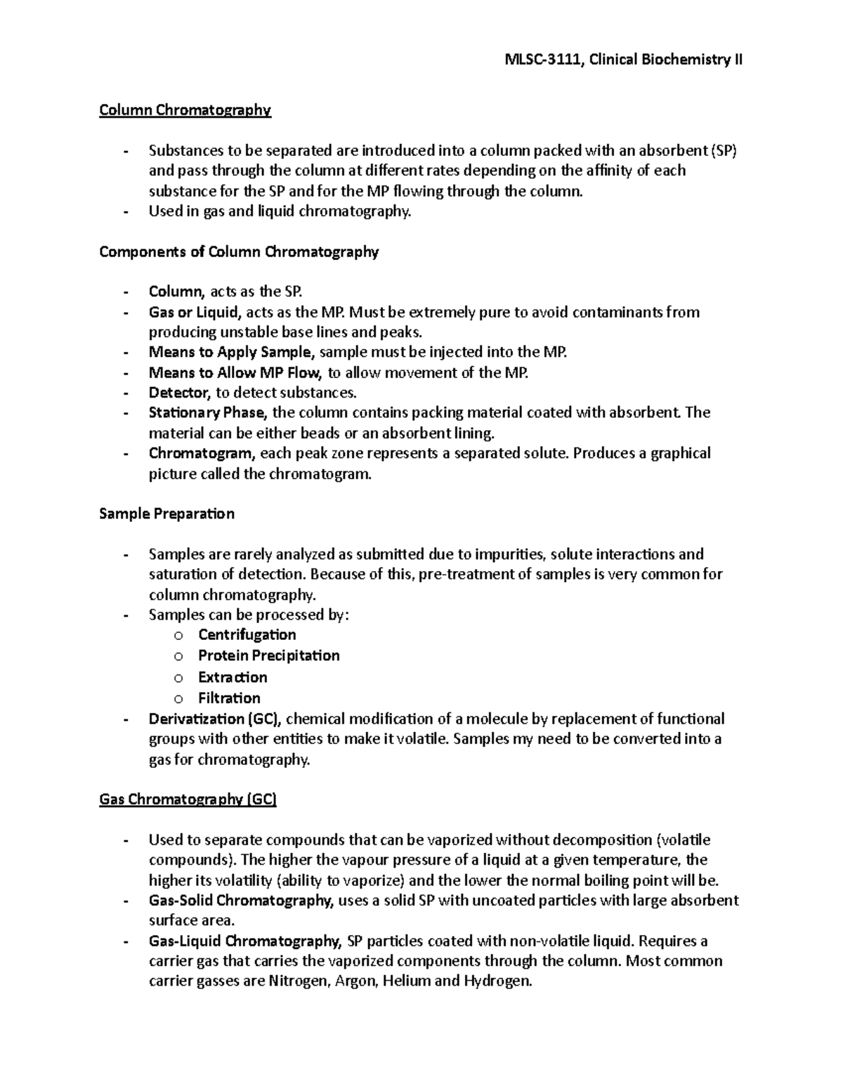 Chromatography Part 1B MLSC3111, Clinical Biochemistry II Column