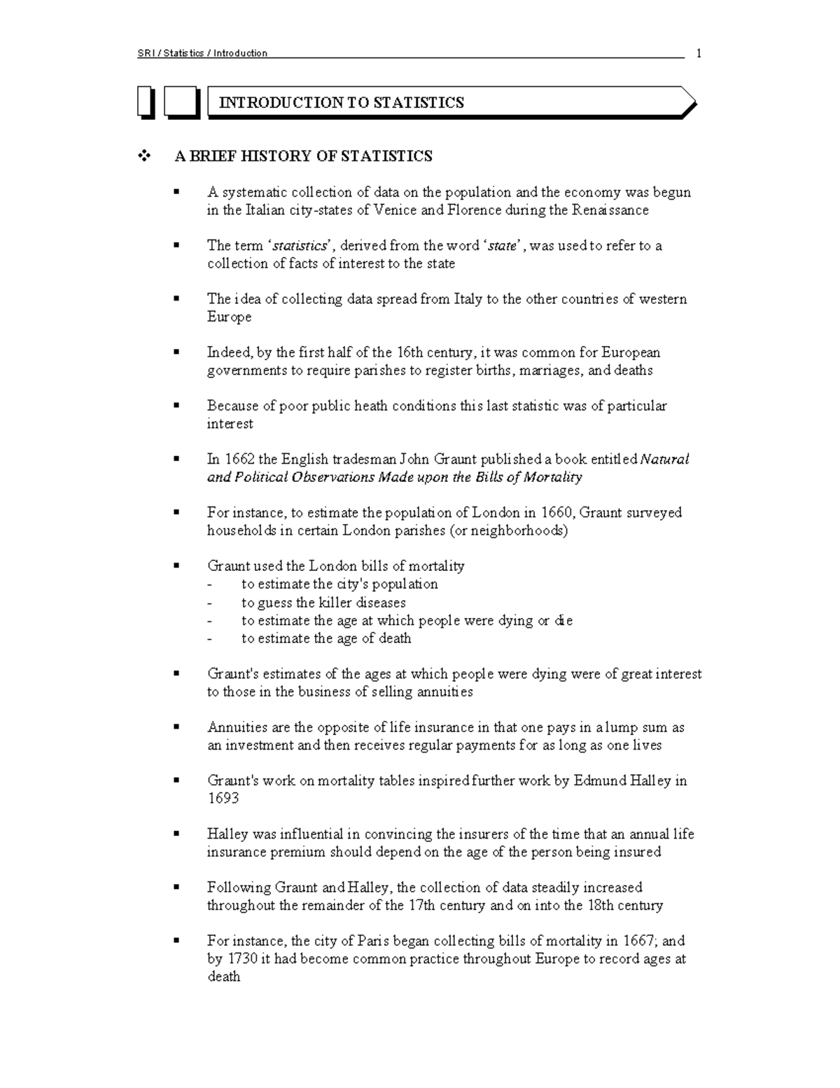 01ns-data - Notes - INTRODUCTION TO STATISTICS A BRIEF HISTORY OF ...