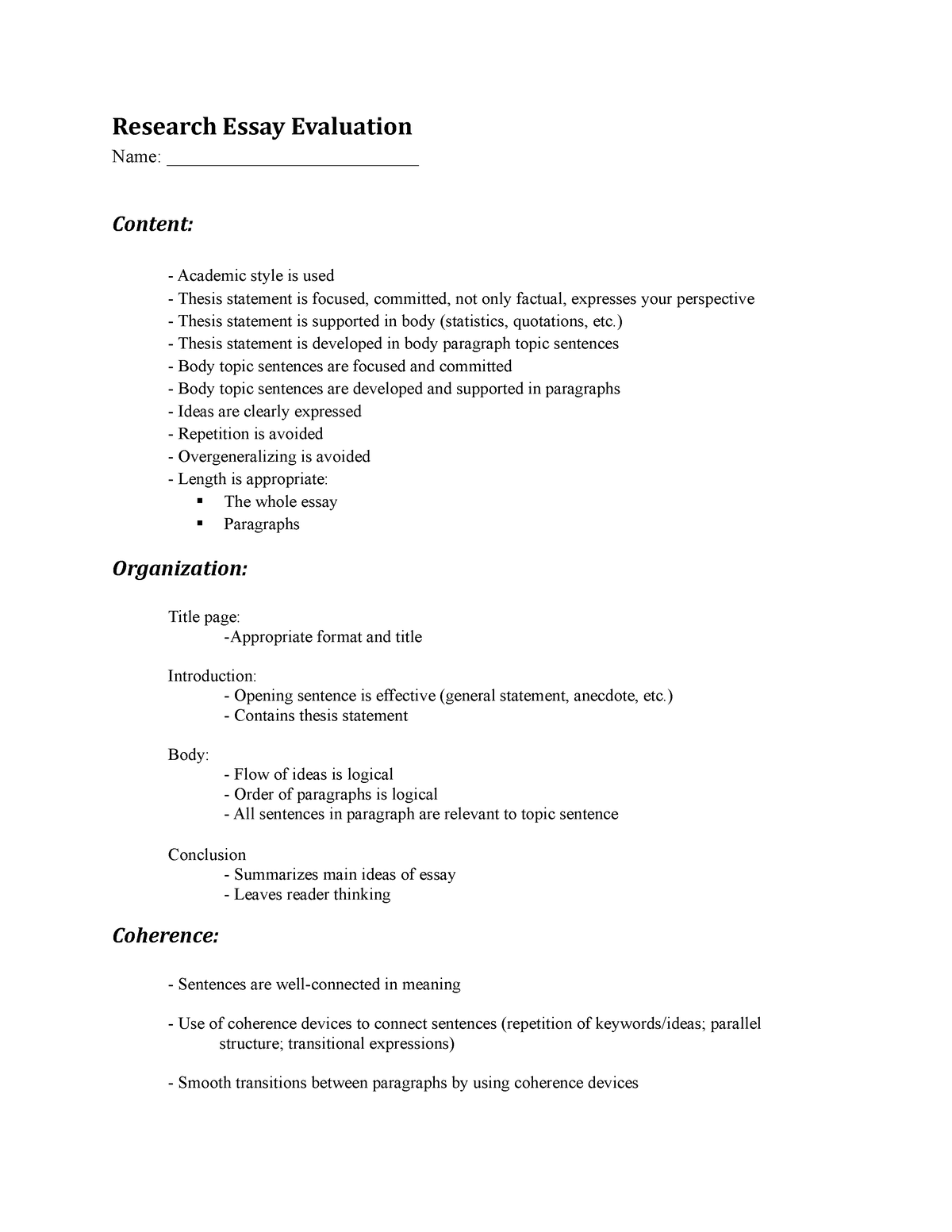 essay evaluation checklist