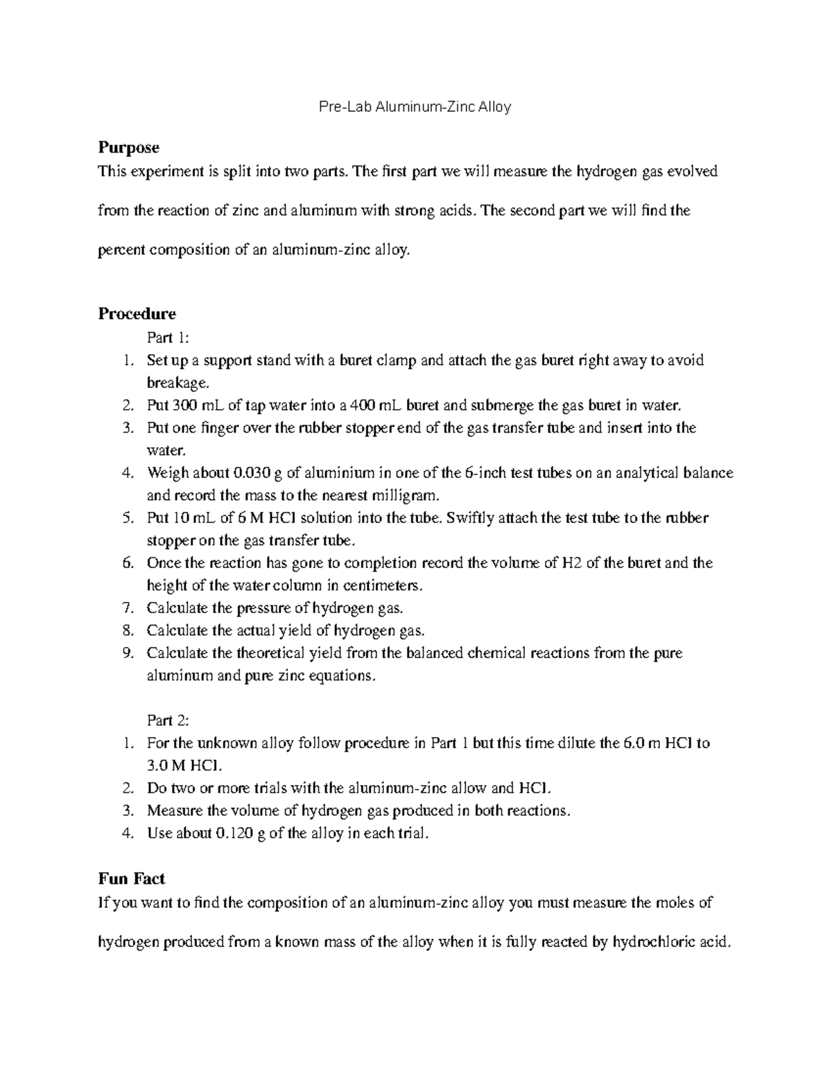 PreLab Aluminum Zinc Alloy PreLab AluminumZinc Alloy Purpose This