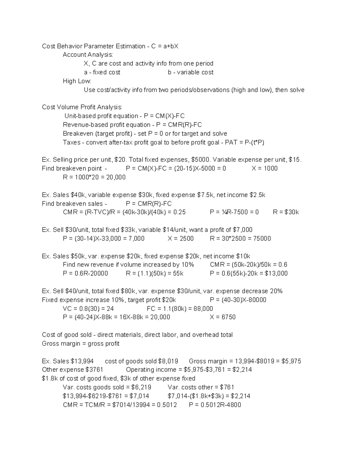 Exam 1 Review Lecture Notes - Cost Behavior Parameter Estimation - C ...