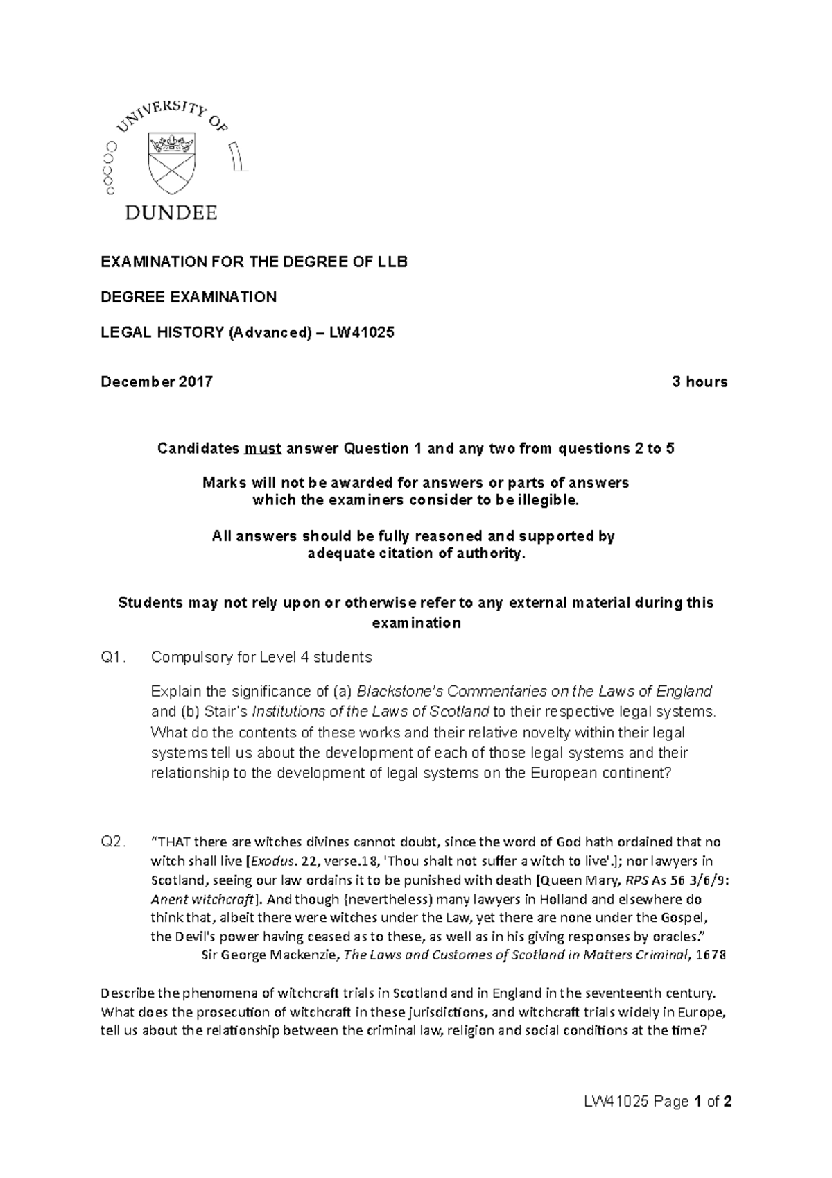 Legal History DEC 2017 past paper exam EXAMINATION FOR THE DEGREE