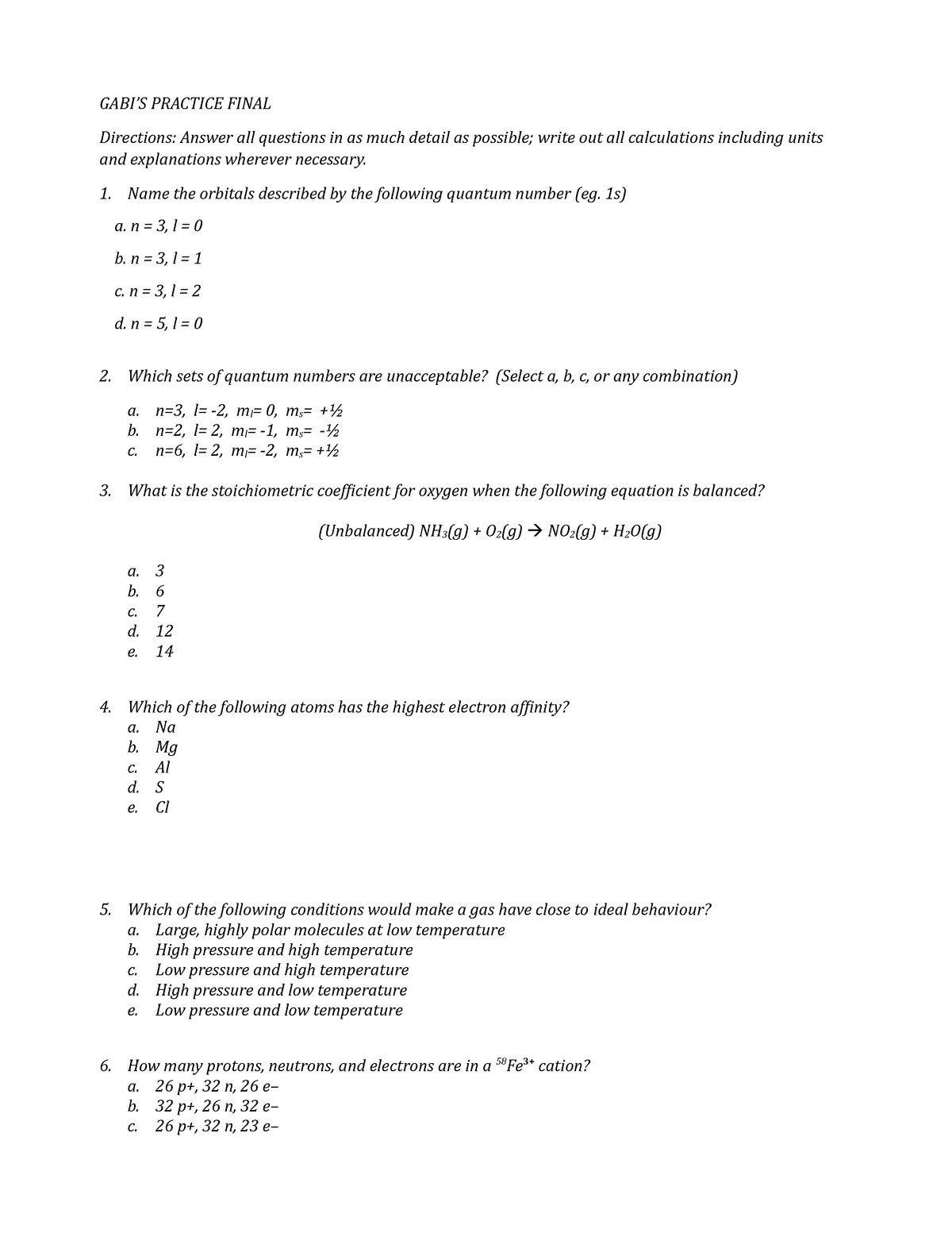 Final exam practice (given by TA) - CHEM 205 - General Chemistry I Sns-Brigh10