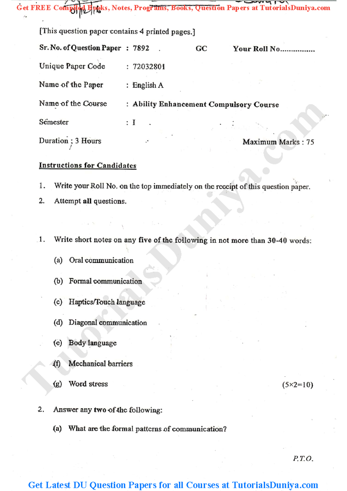 English AECC Question Paper 2016 Tutorials Duniya TutorialsDuniya