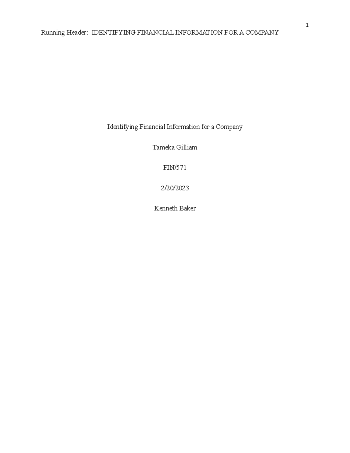 Identifying Financial Information for a Company - Running Header ...