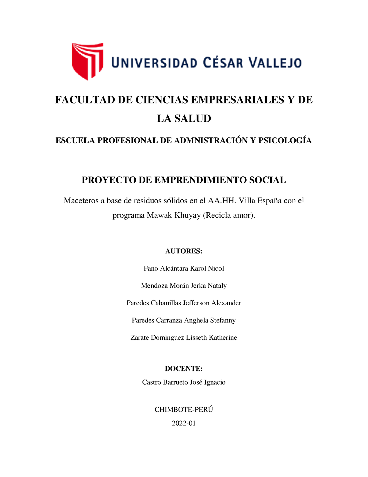 Proyecto De Emprendimiento Social Facultad De Ciencias Empresariales Y De La Salud Escuela 2699