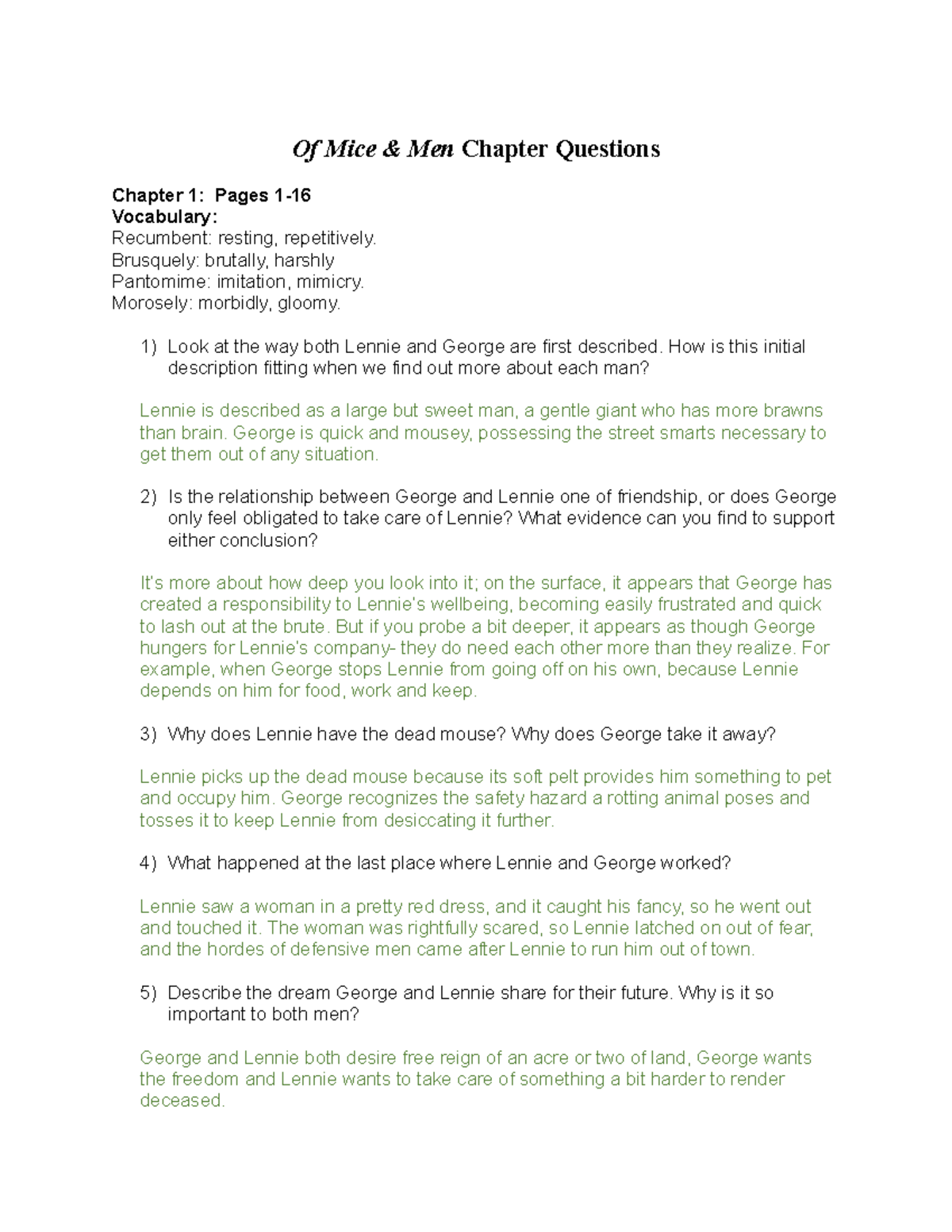 Of Mice and Men Chapter Questions Vocab Of Mice & Men Chapter