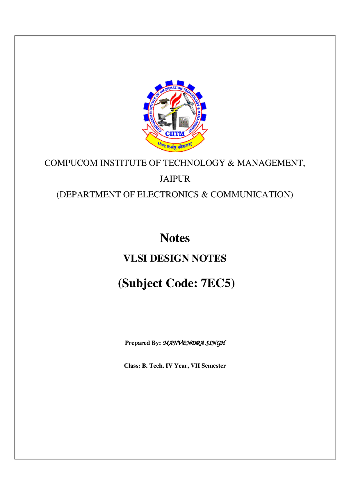 7ec5 Vlsi Design Unit 1 Notes - COMPUCOM INSTITUTE OF TECHNOLOGY ...