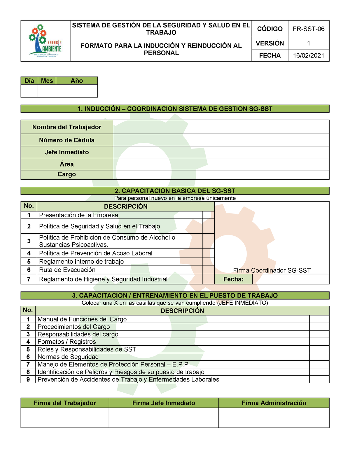 FR-SST-06 Formato para Inducción y Reinducción al Personal - SISTEMA DE  GESTIÓN DE LA SEGURIDAD Y - Studocu