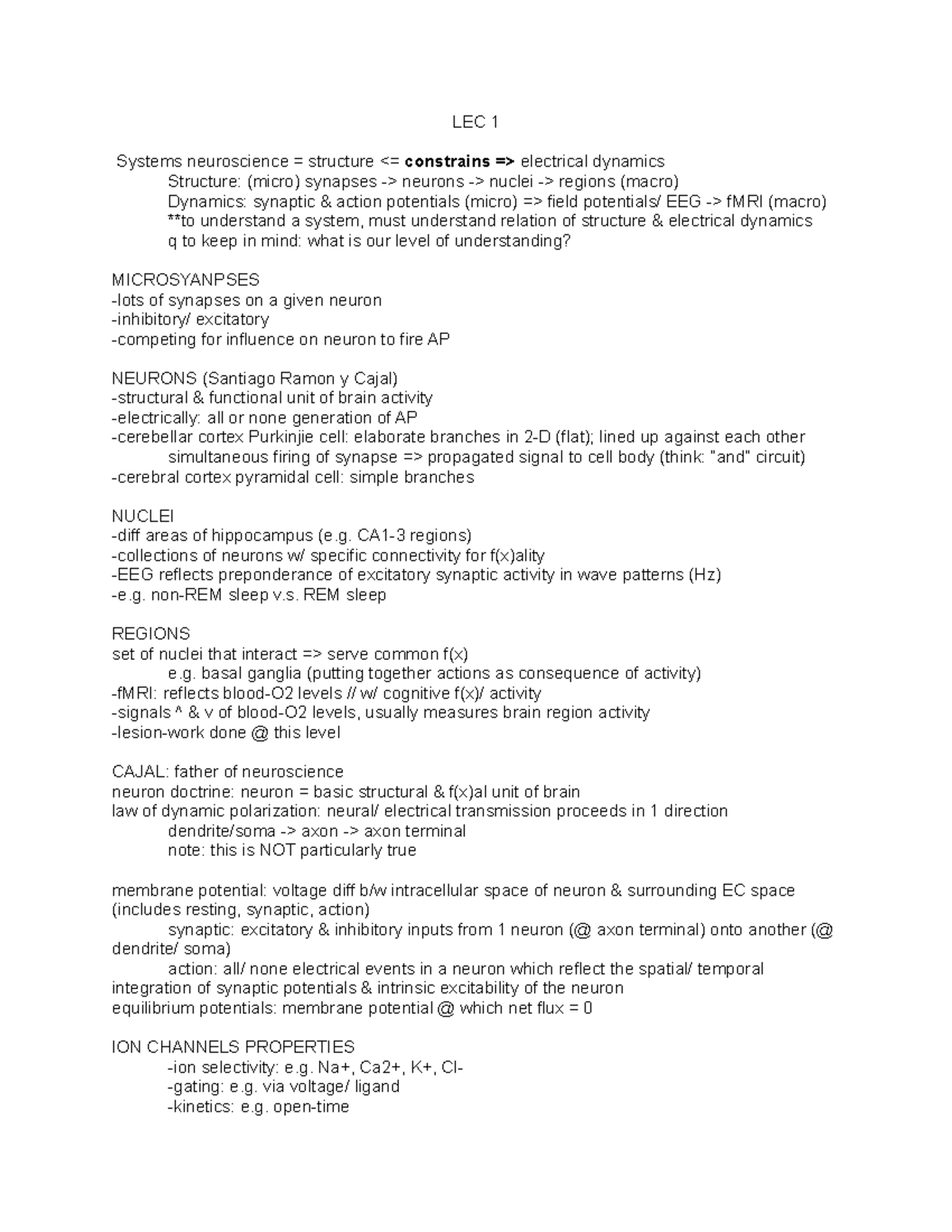 LEC 1 - Lecture notes 1 - LEC 1 Systems neuroscience = structure ...