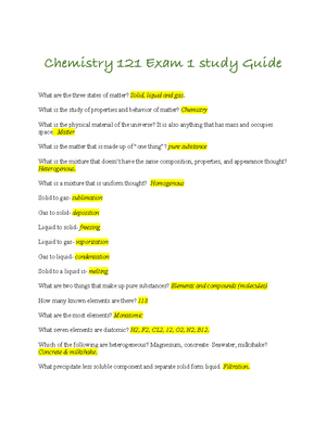 Exam I Questions for General Chemistry with Answers, CHEM 121, Exams  Chemistry