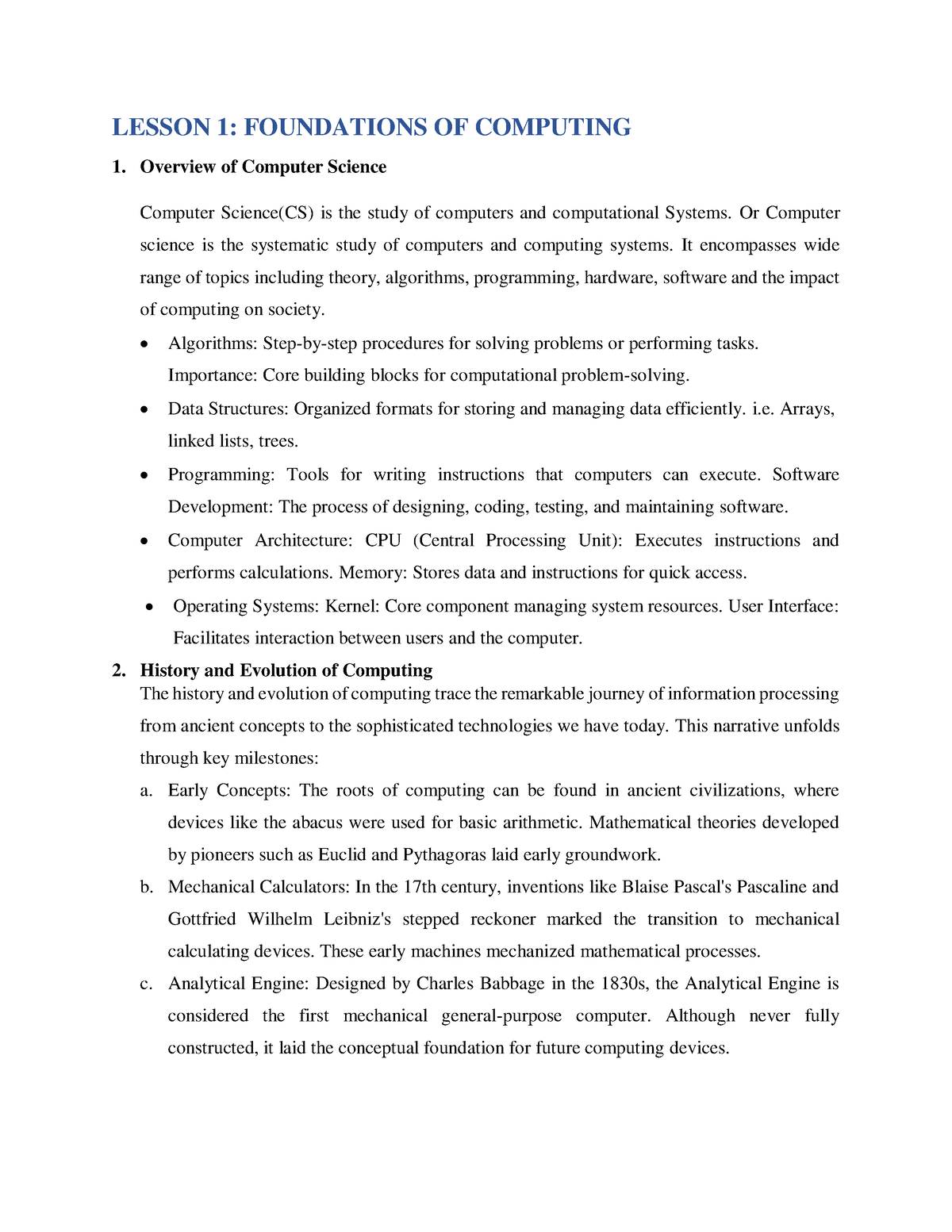 Lecture Notes 1 - Foundation Of Computing- Overview Of Computing Basics ...