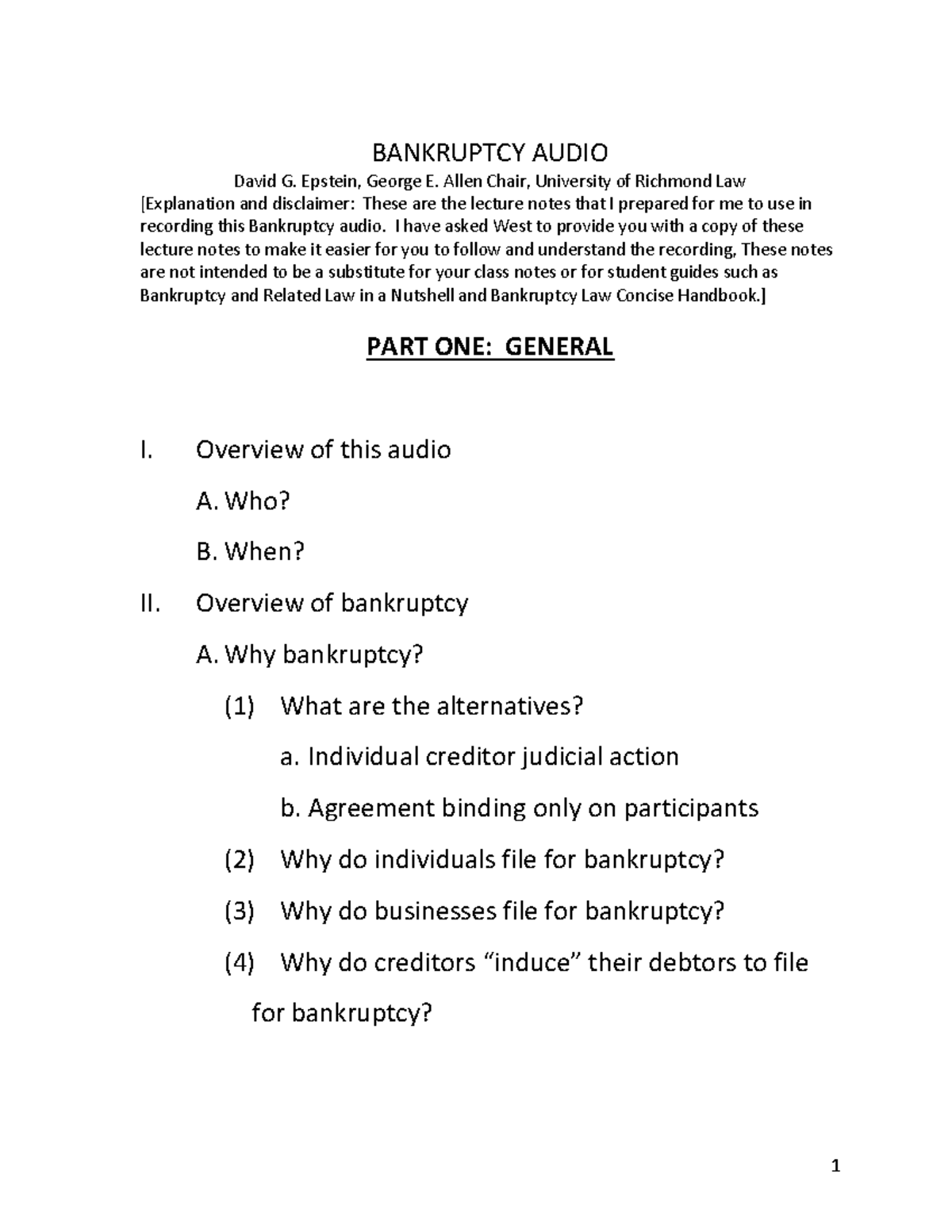 Epstein Bankruptcy Audio Outline - BANKRUPTCY AUDIO David G. Epstein ...