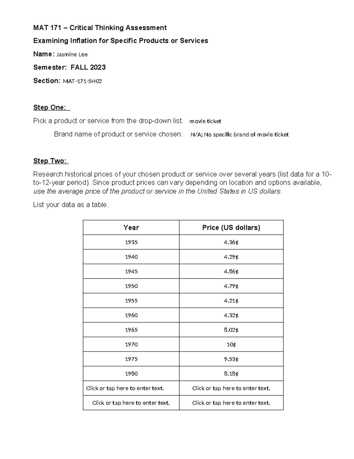 FA 2023 MAT 171 Critical Thinking Assessment Answer Sheet - MAT 171 ...