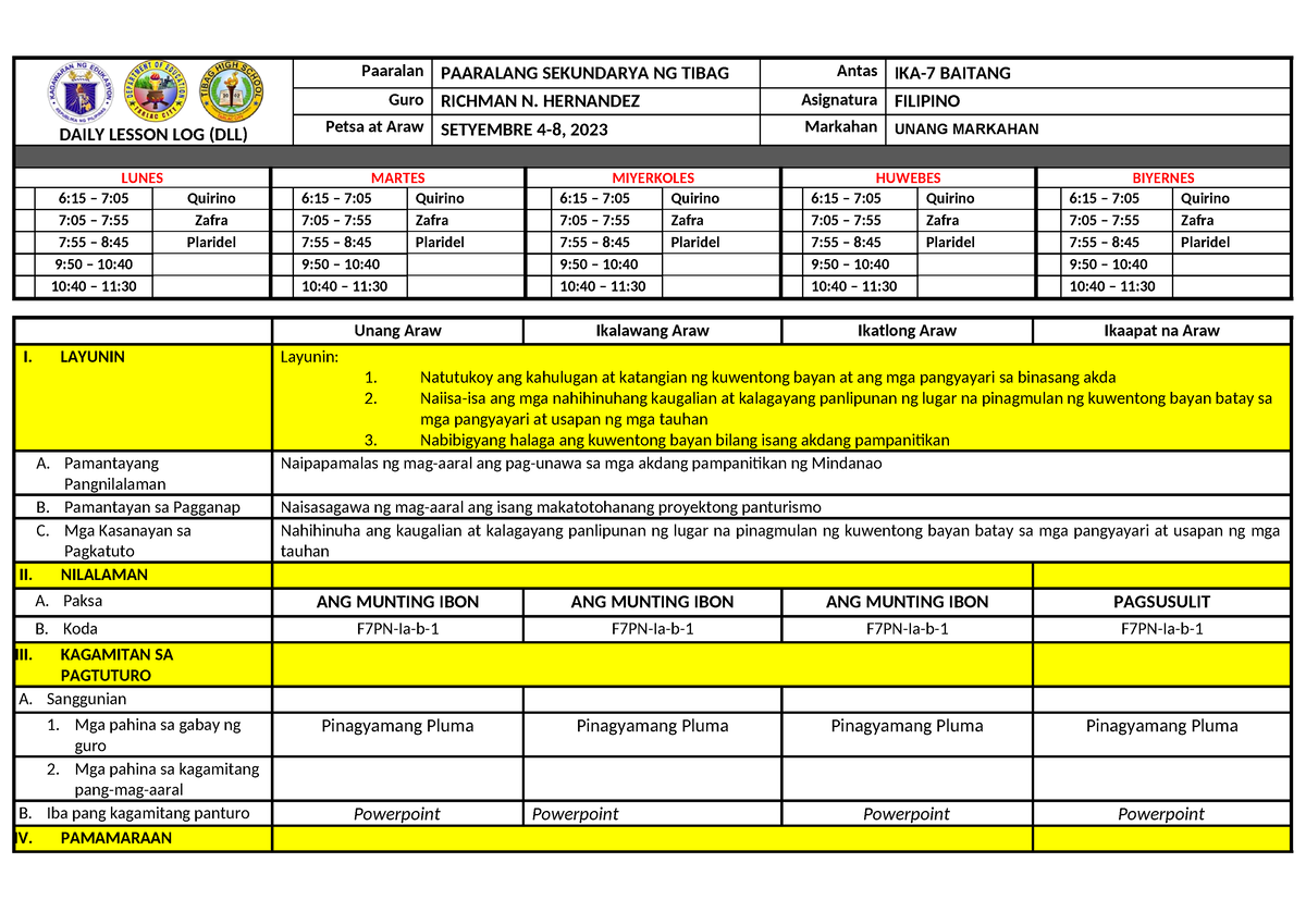 Q1 W2 Filipino 7 Daily Lesson Log Dll Paaralan Paaralang Sekundarya Ng Tibag Antas Ika 7 7120