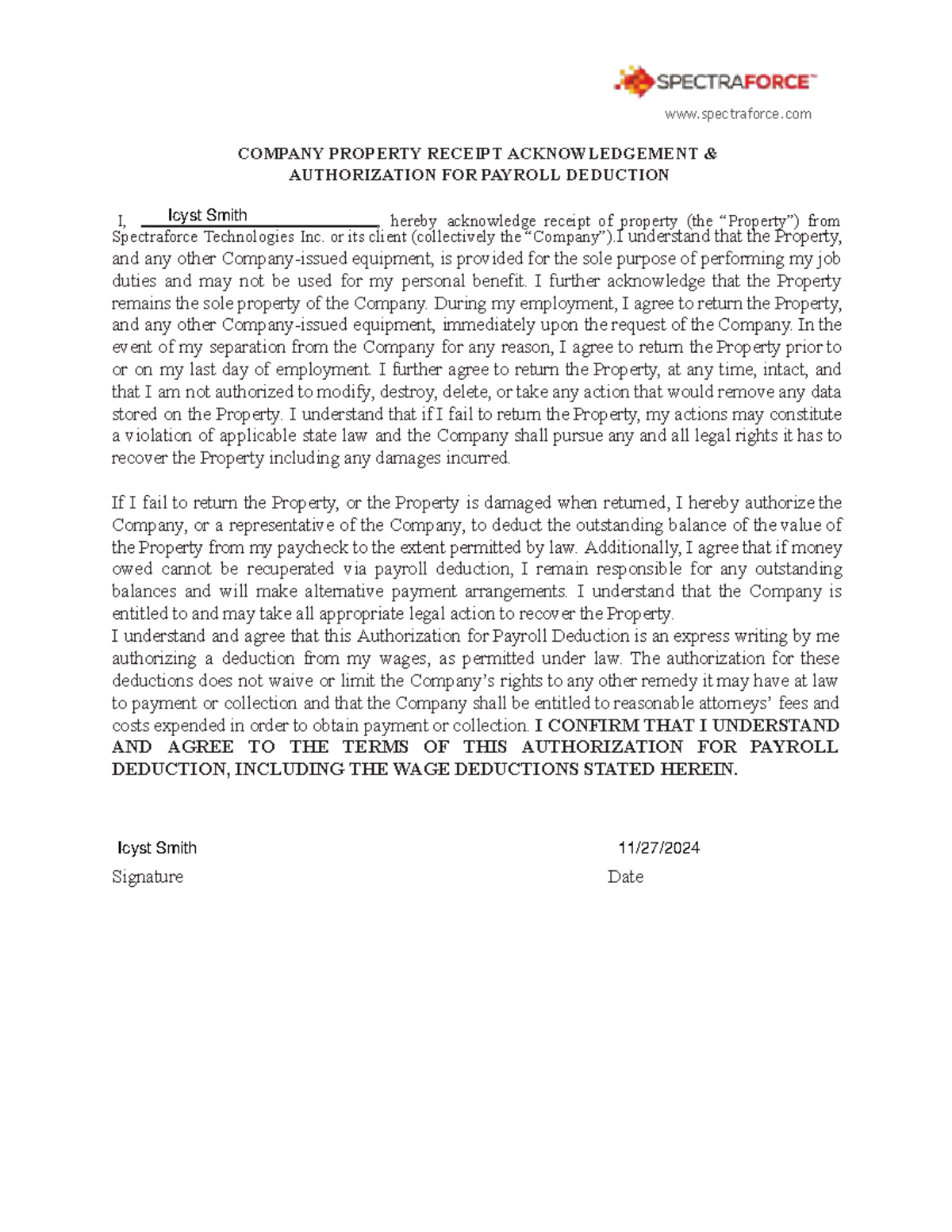 Company Property Receipt Acknowledgement Form - spectraforce COMPANY ...