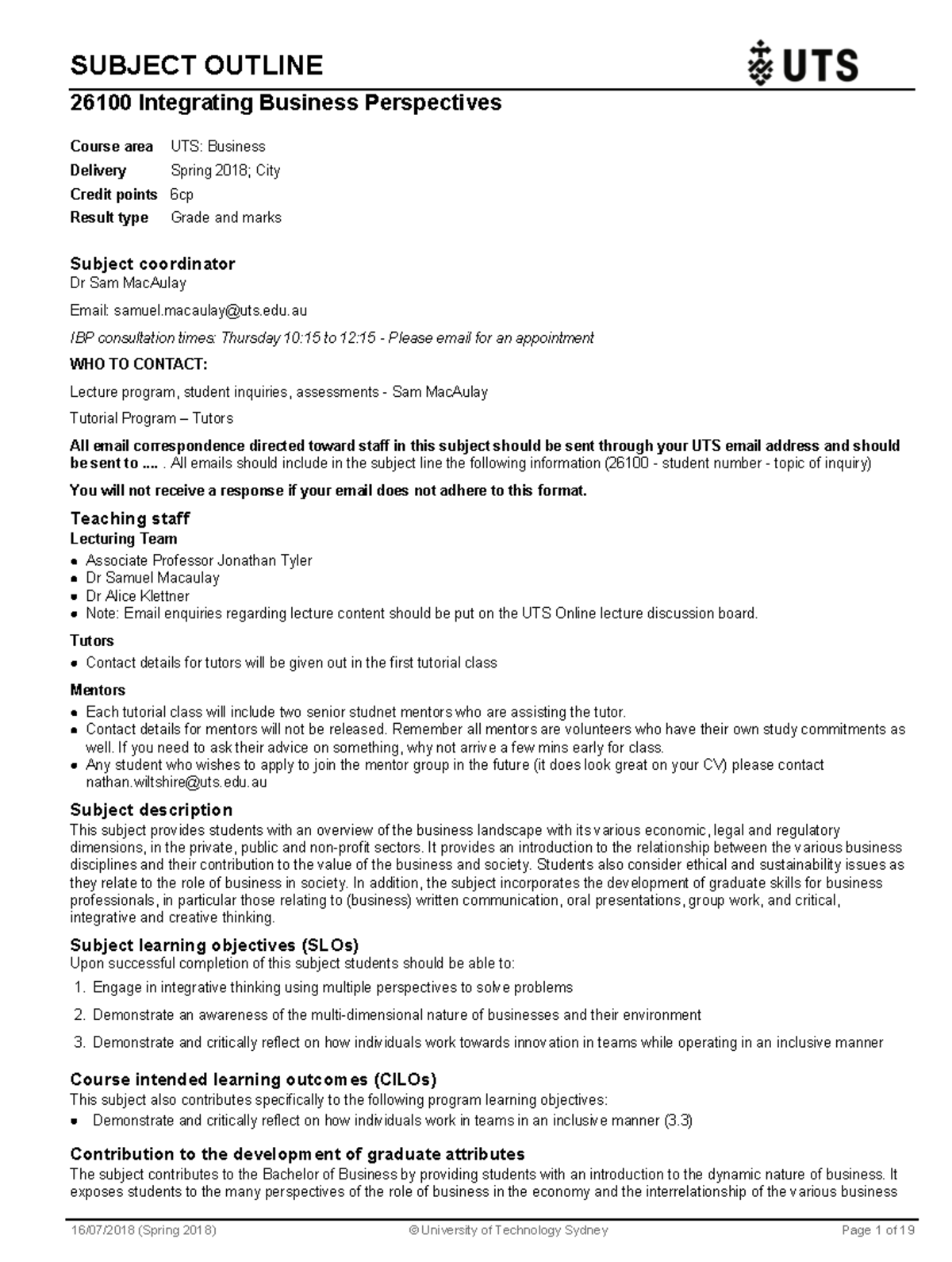 IBP Subject Outline - SUBJECT OUTLINE 26100 Integrating Business ...