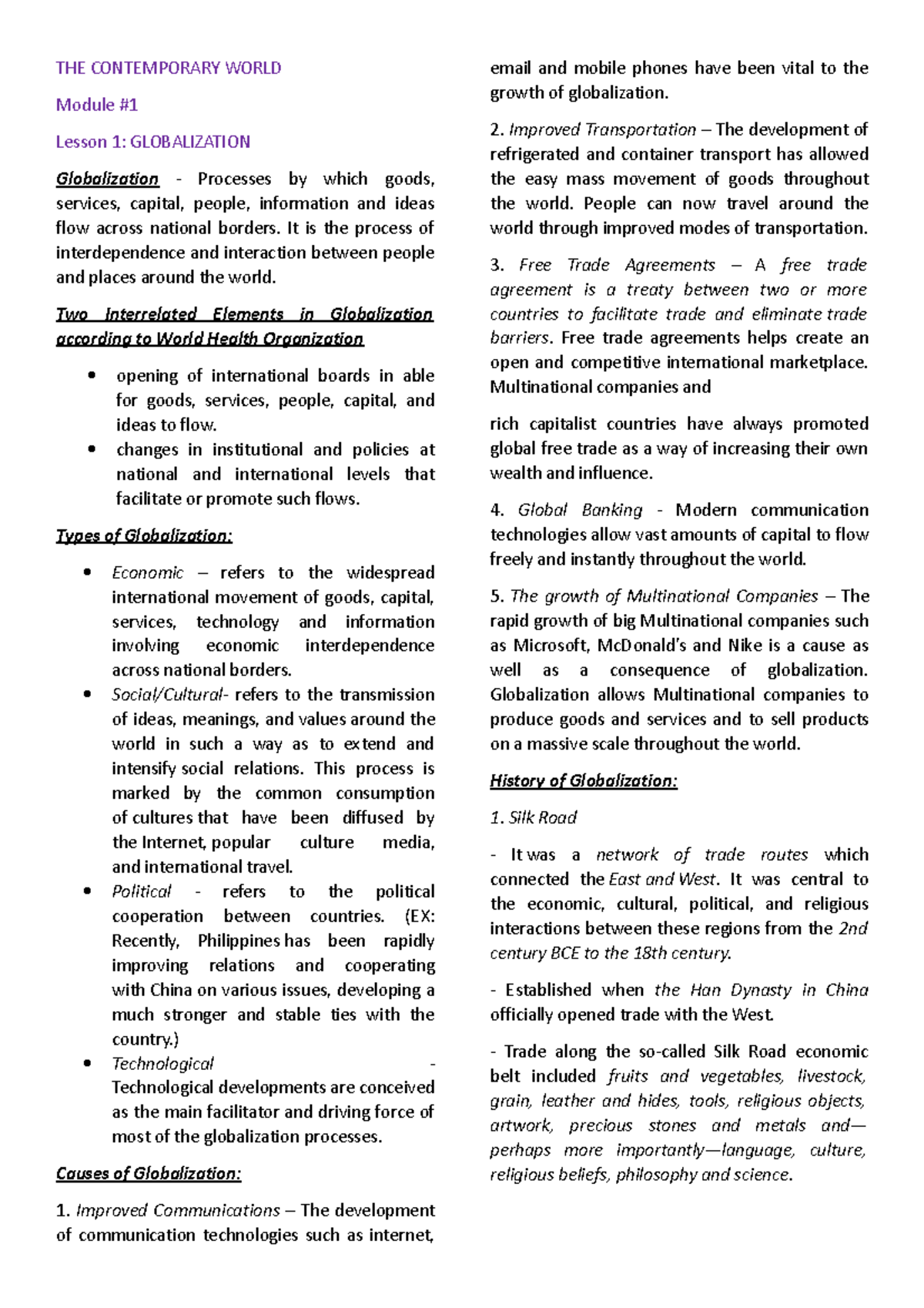 Tcw - Notes For Tcw Mod 1 And 2 - The Contemporary World Module 