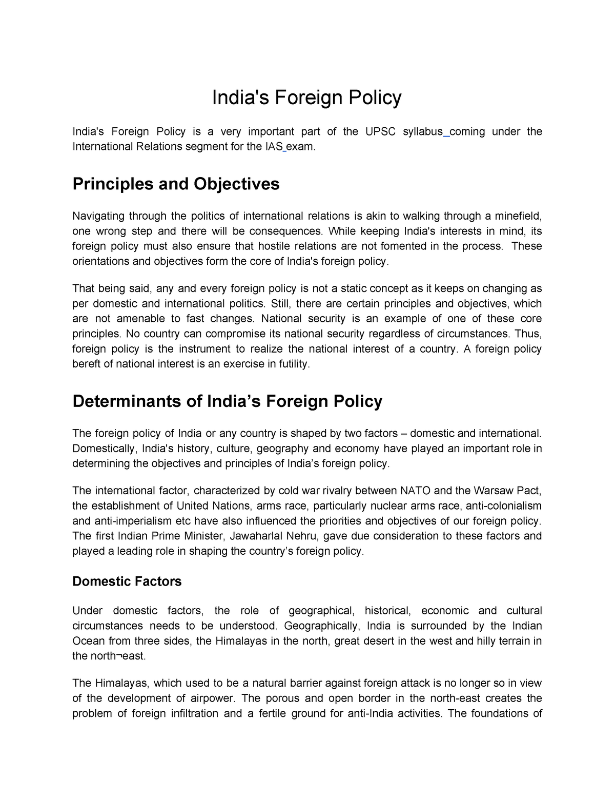 essay on foreign policy of india