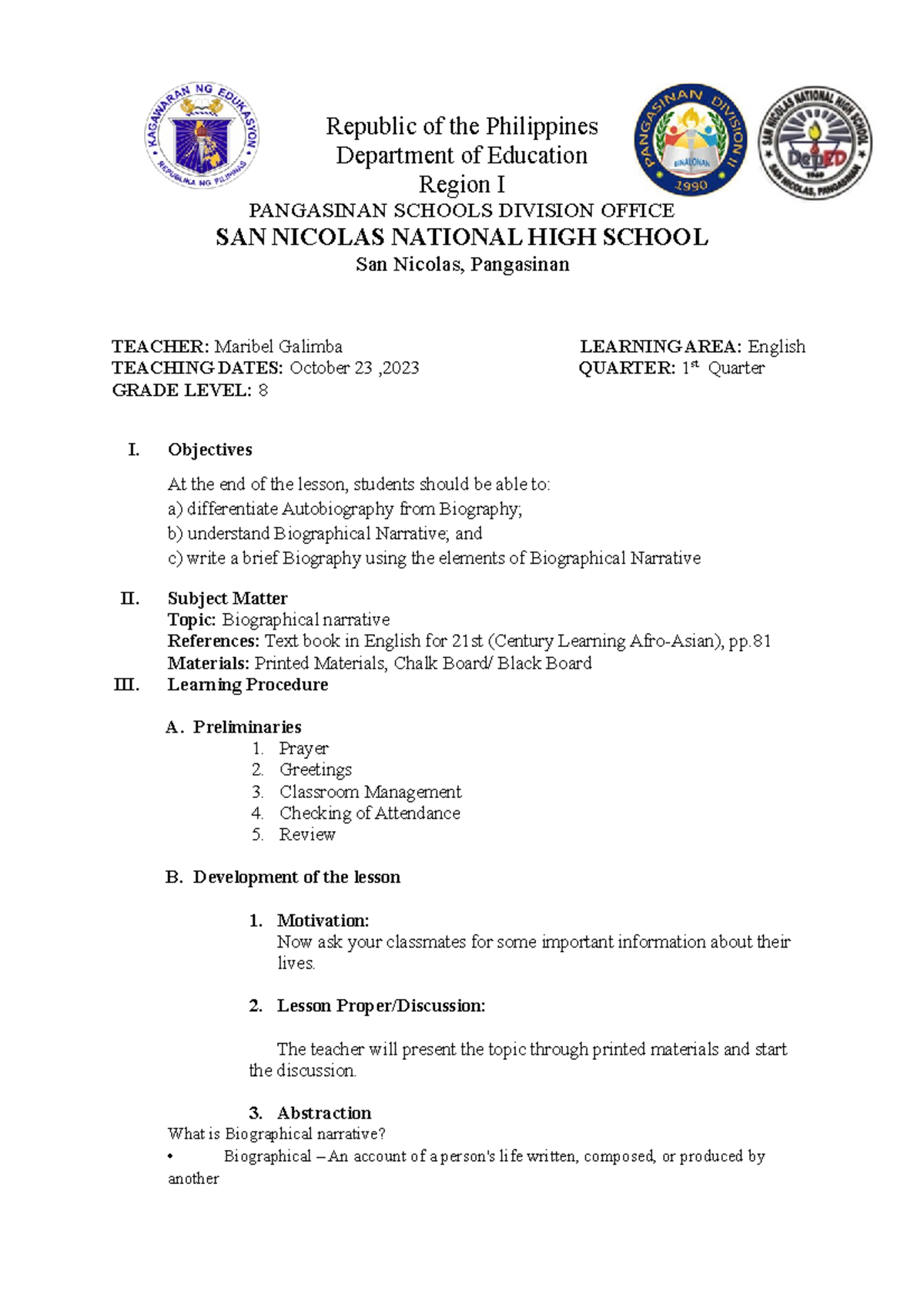 LP Biographical - lesson plan - Republic of the Philippines Department ...