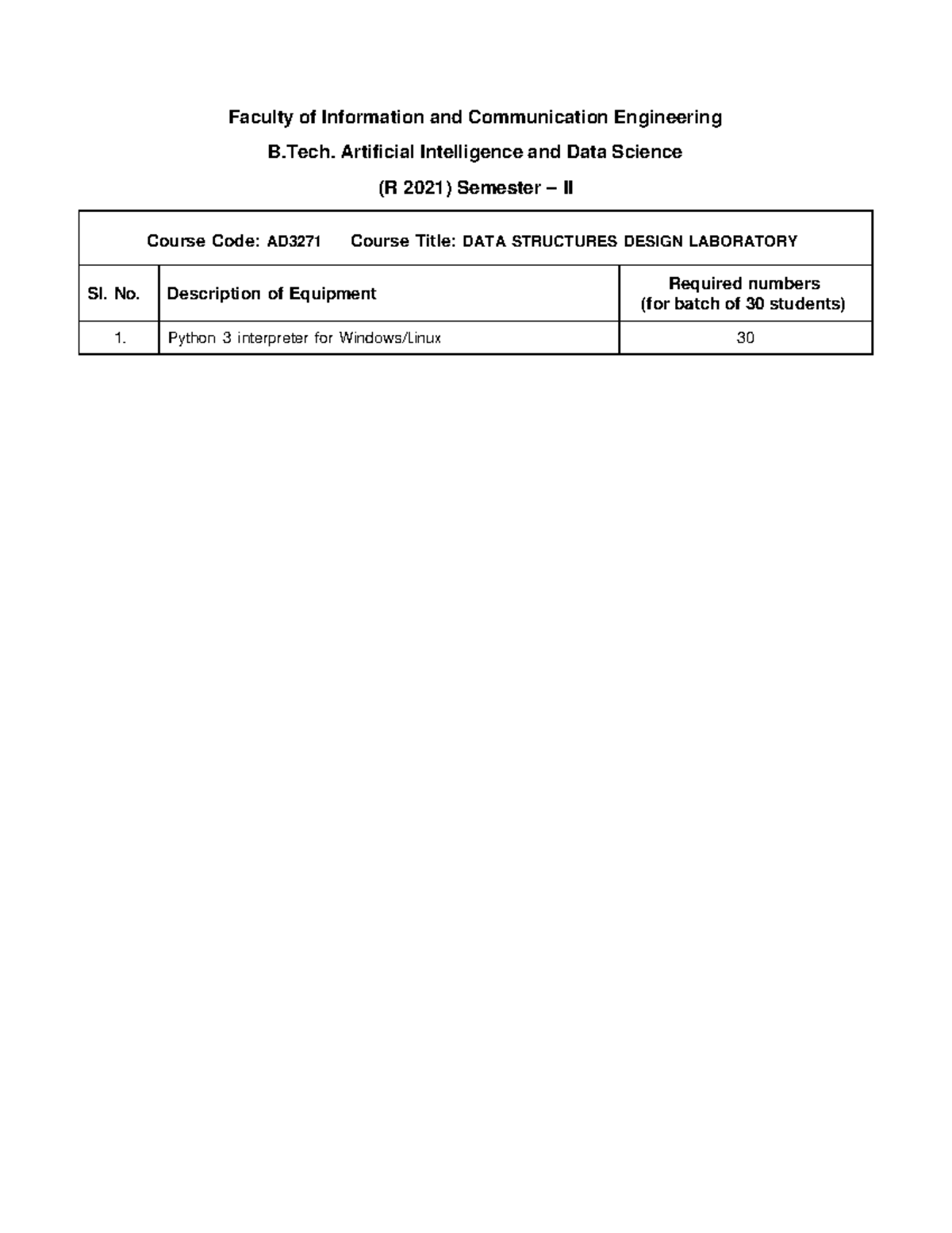 Anna university Lab requirements R2021 AI and DS B. Artificial