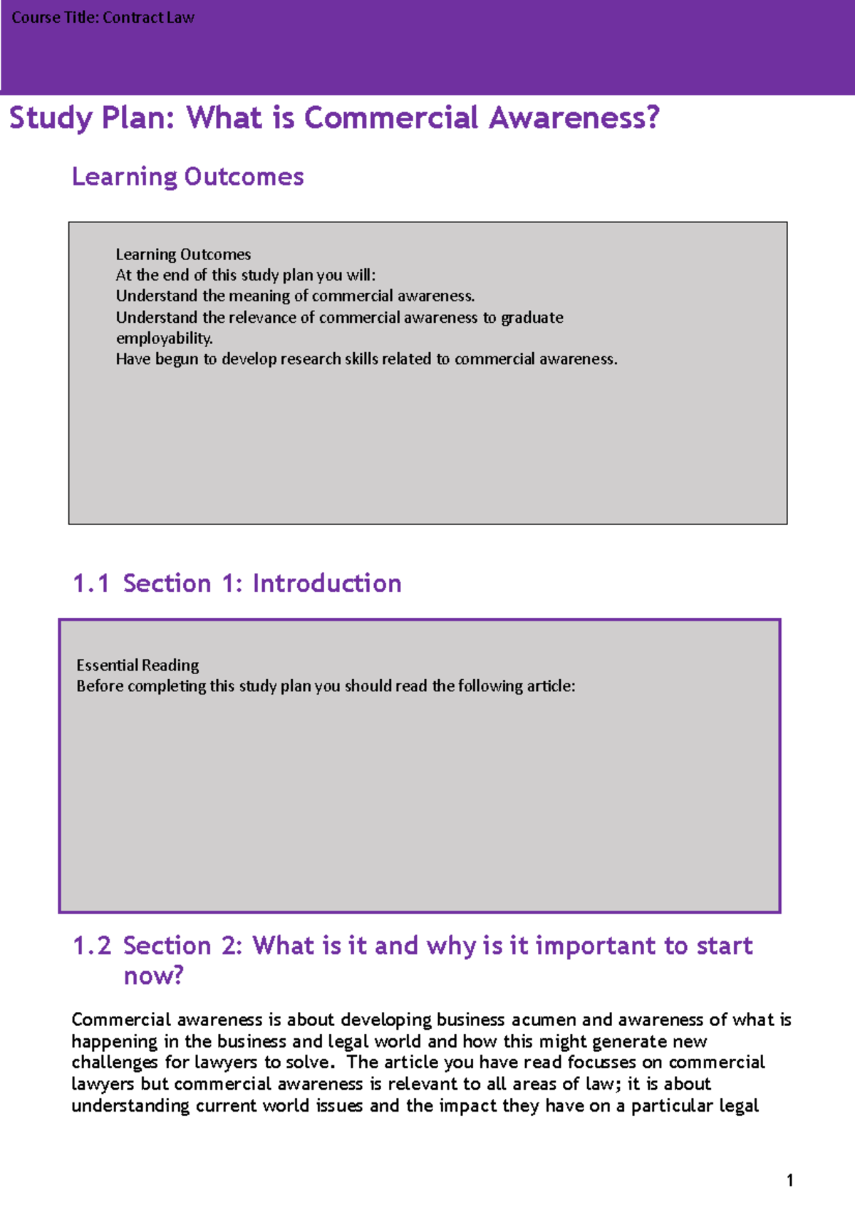 Commercial Awareness Study Plan - Course Title: Contract Law Study Plan ...