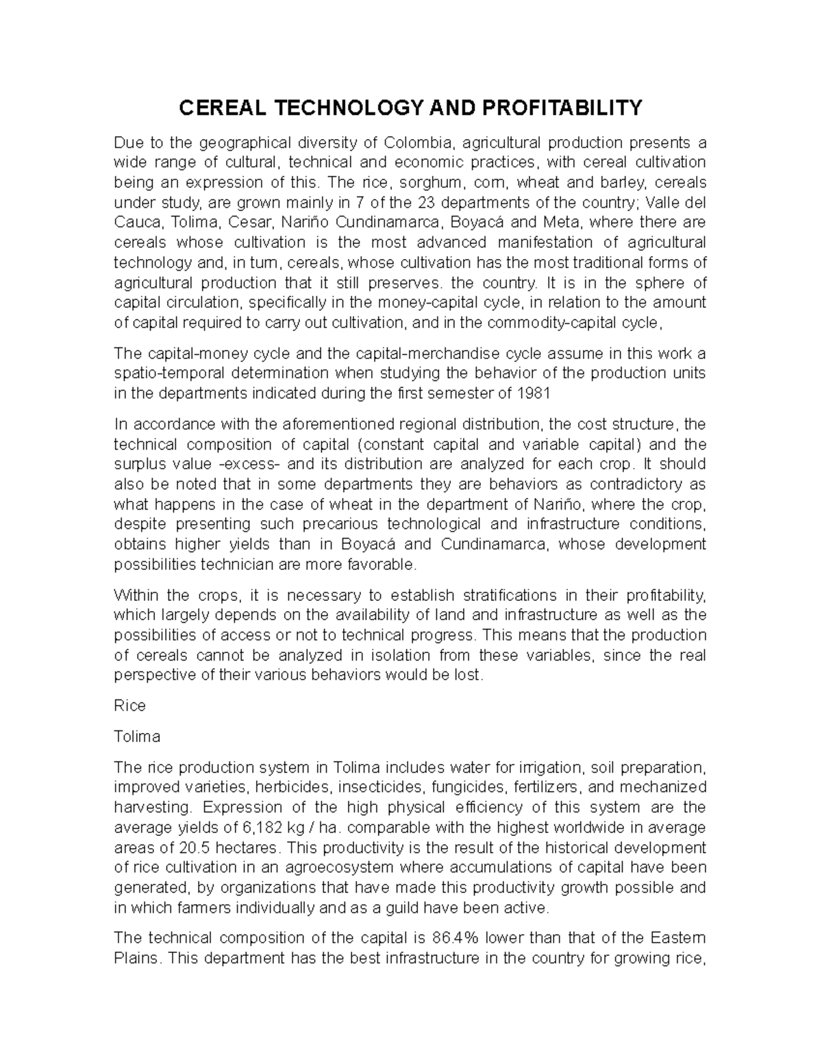 Cereal Technology AND Profitability CEREAL TECHNOLOGY AND