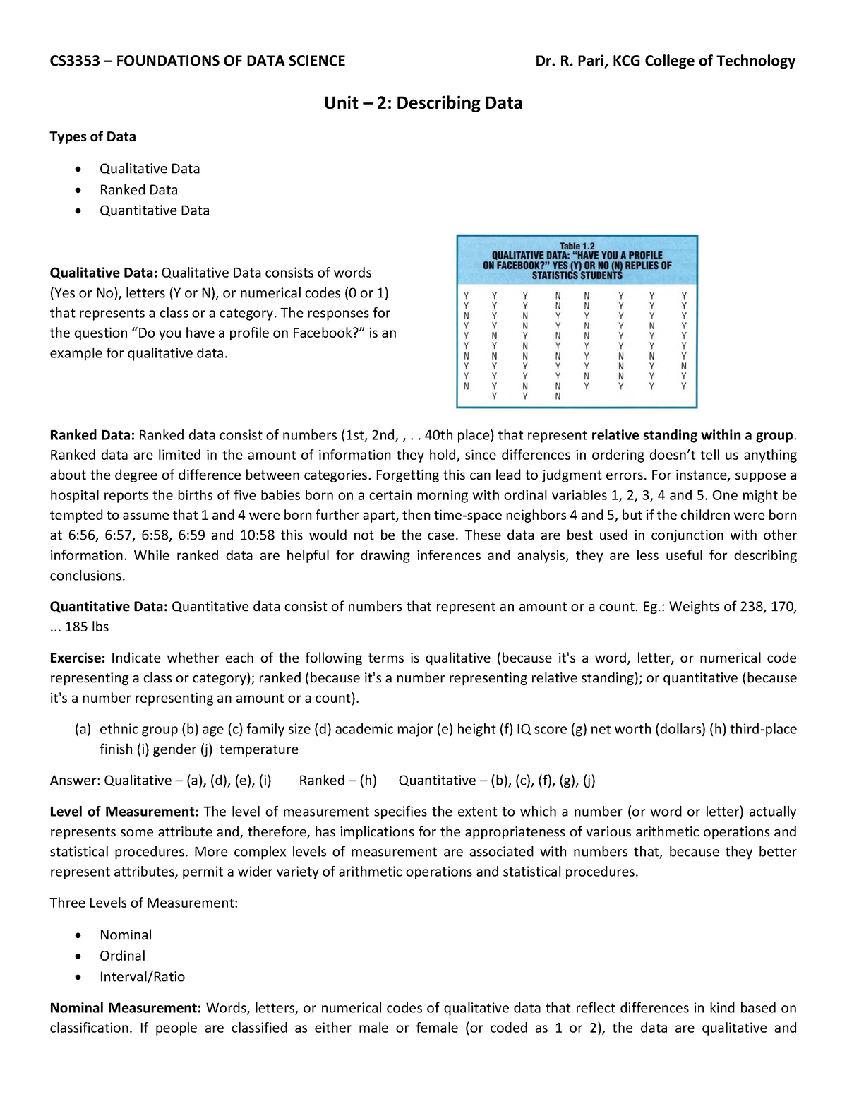 Foundations Of Data Science - Unit 2 - Unit – 2: Describing Data Types ...