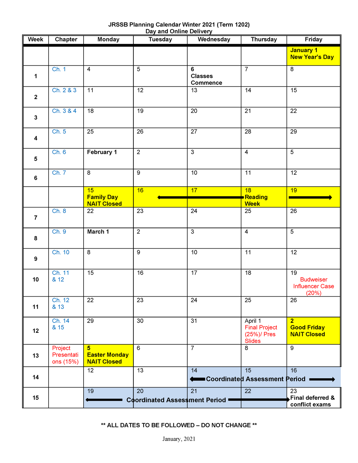 MARK 3315 Syllabus Course Calendar 2021 - JRSSB Planning Calendar ...