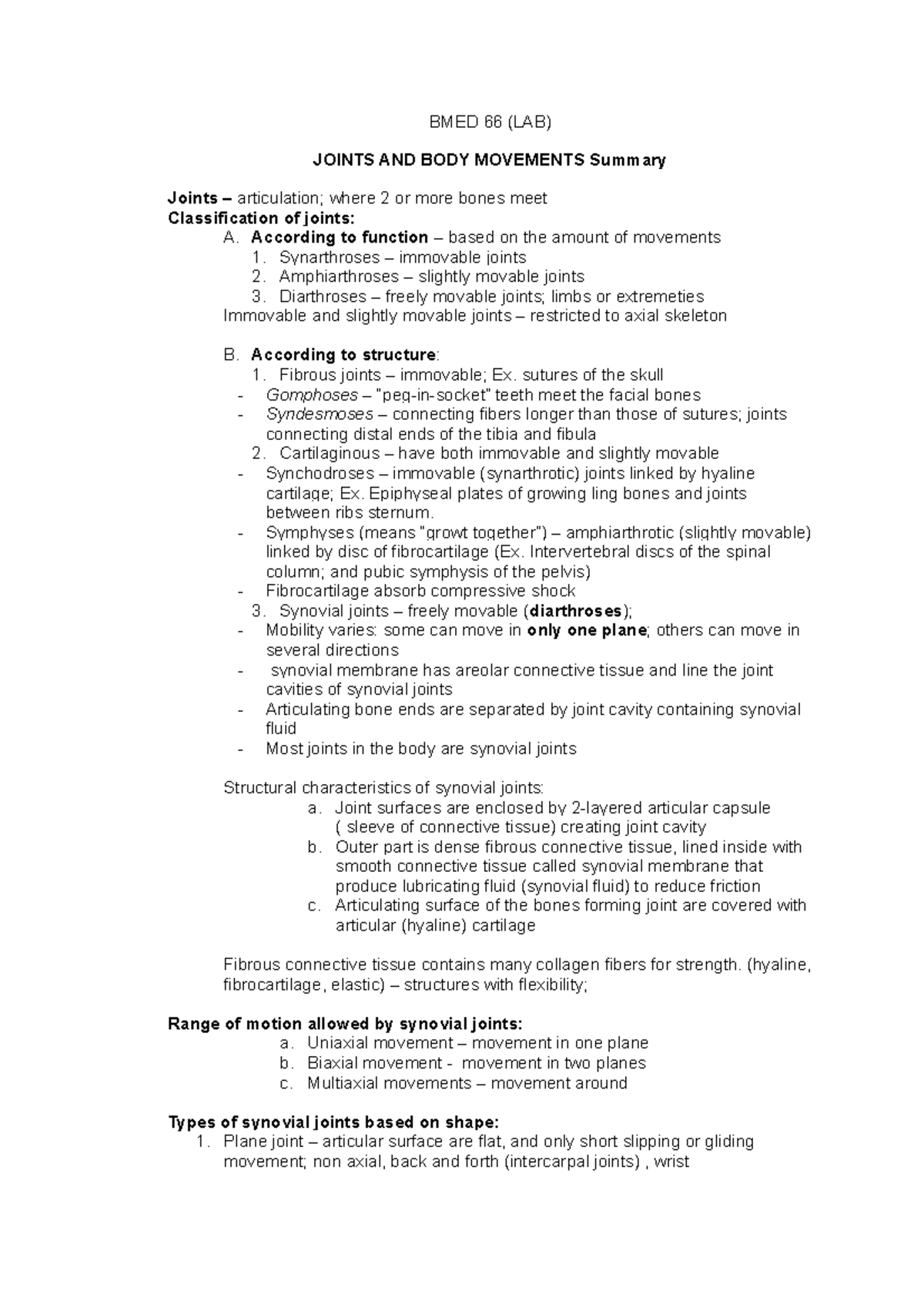 BMED 66 . movement; joints Summary jaknsxm ckdsjnckds vjfnjkxc m  ksdfnkfdnksofdfffffff - StuDocu