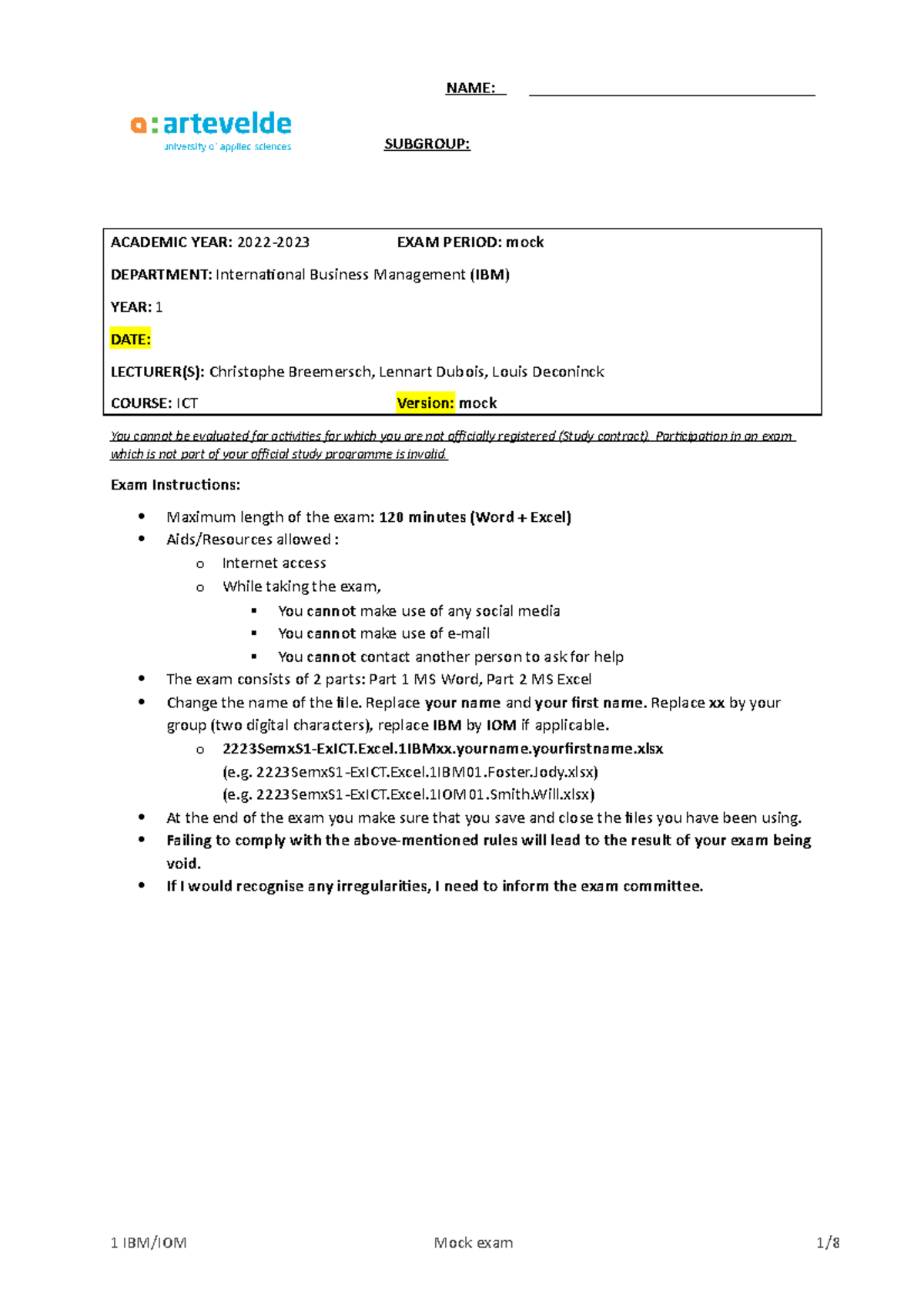 ICTIBMmock instructions NAME __________________________________ SUBGROUP ACADEMIC YEAR