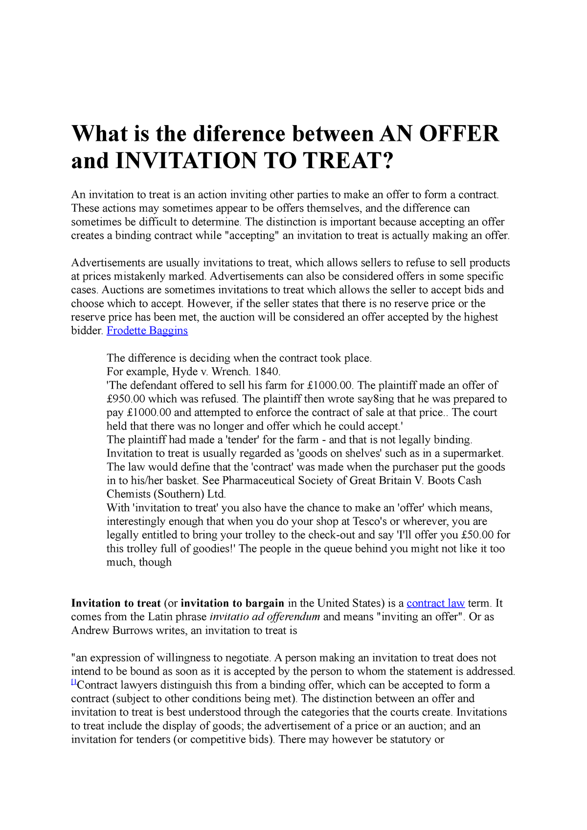 difference between offer and invitation to treat example