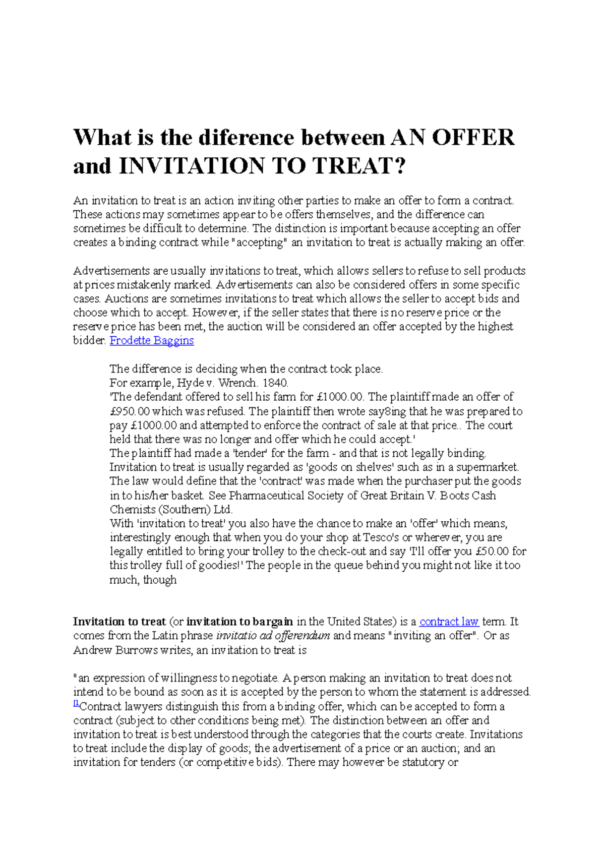 Difference between offer and invitation to treat - What is the