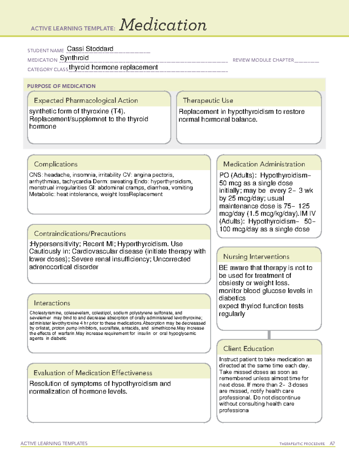 Levothyroixine - ATI template - ACTIVE LEARNING TEMPLATES TherapeuTic ...