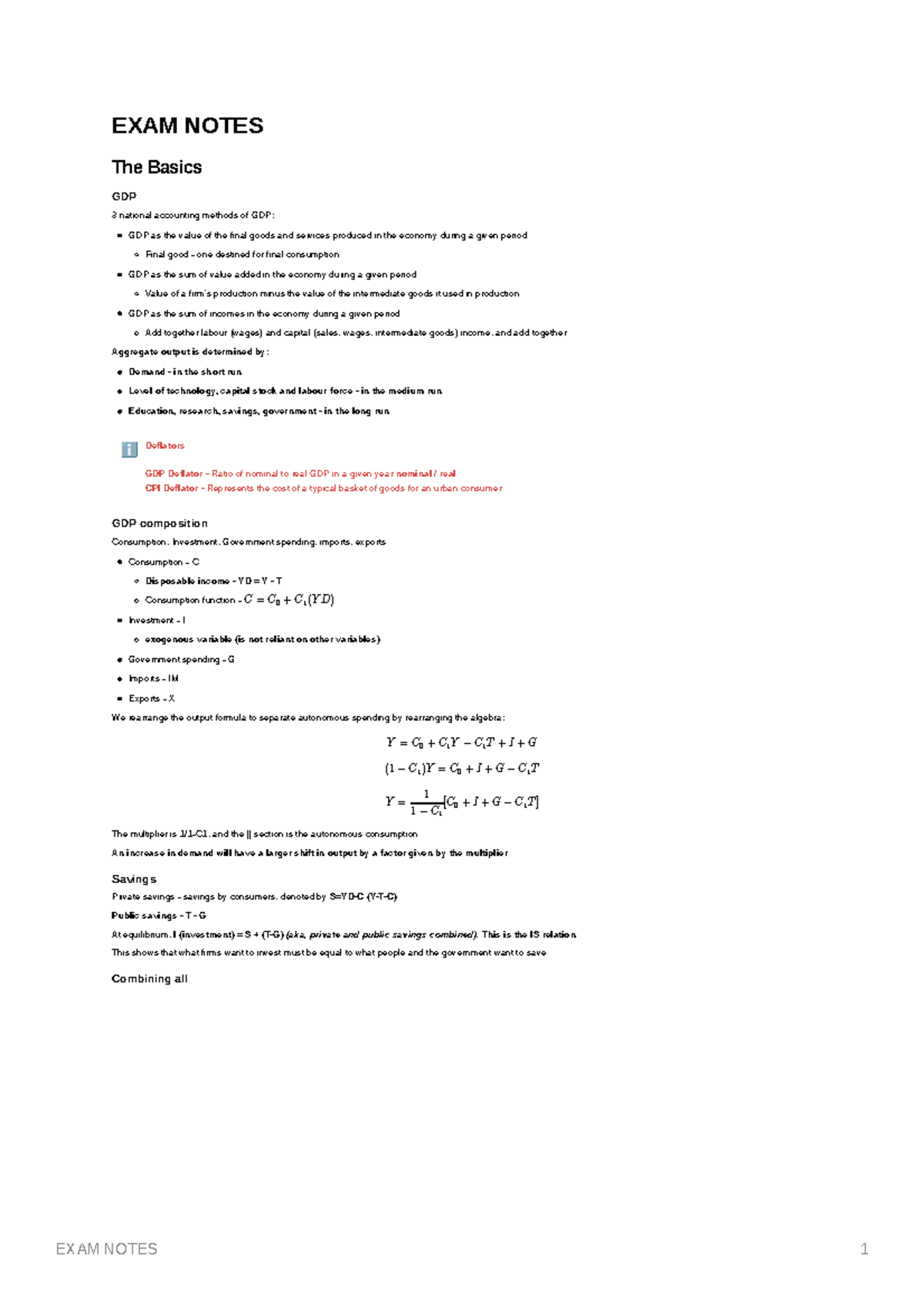 Final Exam Notes - EXAM NOTES The Basics GDP 3 national accounting ...