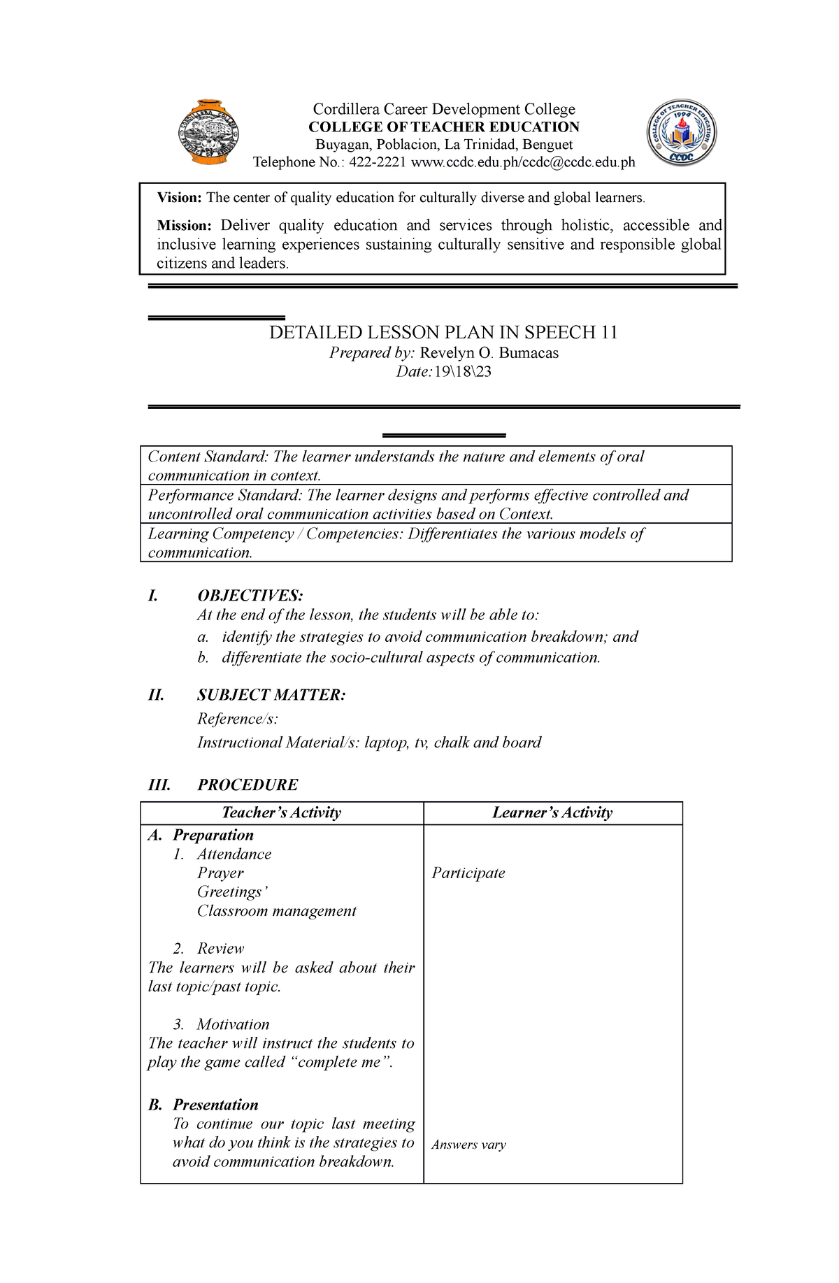 Comm - Gtgh - Cordillera Career Development College COLLEGE OF TEACHER ...