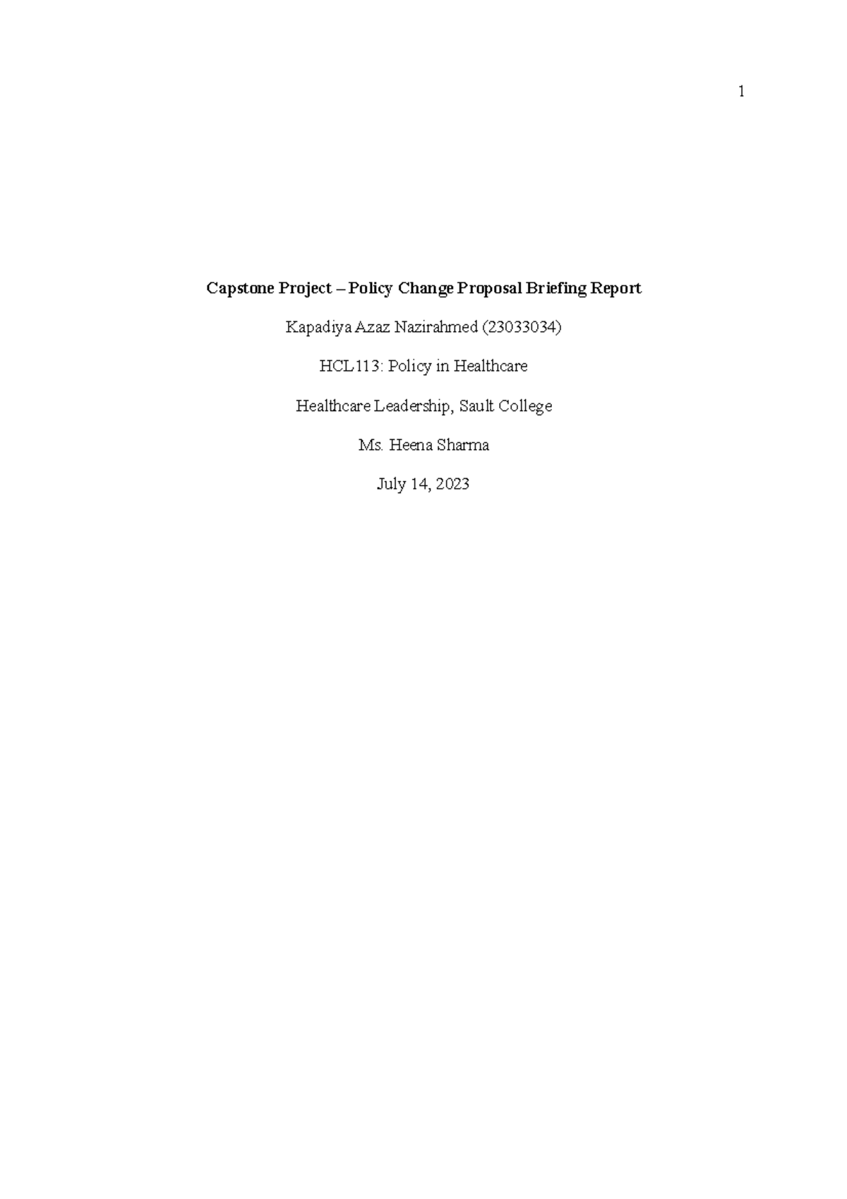 Briefing Report - Policy Changing Proposal in Healthcare. - 1 Capstone ...