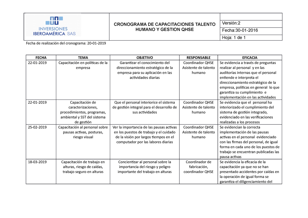 Cronograma De Capacitaciones Qhse Cronograma De Capacitaciones