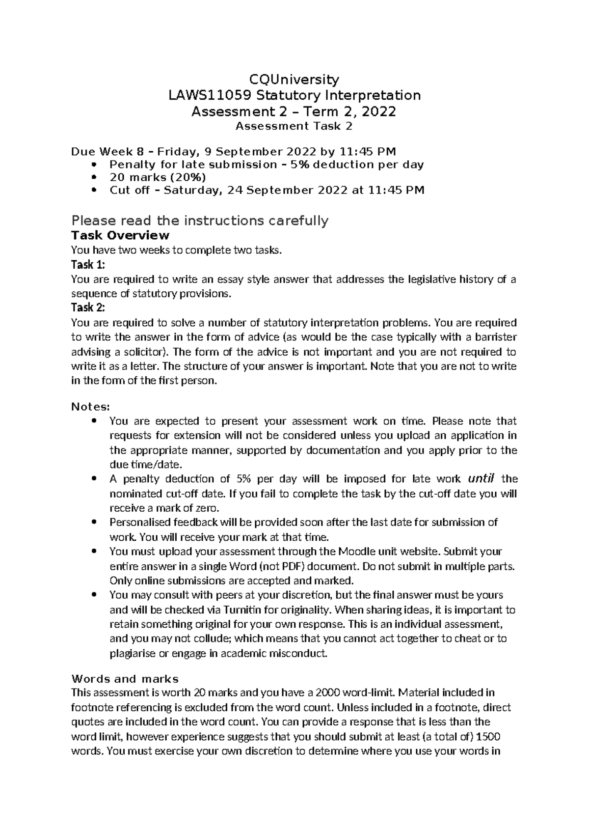 LAWS11059 Assessement 2 2022 Term 2 - CQUniversity LAWS11059 Statutory ...