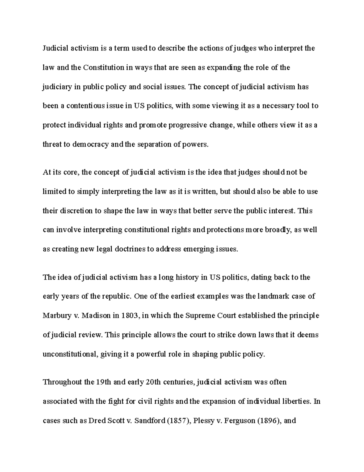 Judicial Activism Notes Judicial Activism Is A Term Used To Describe
