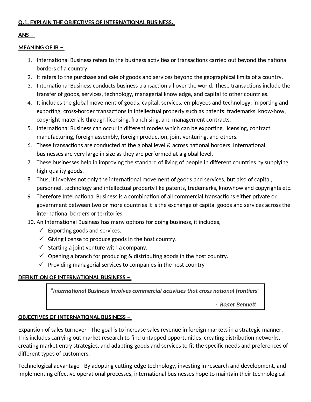 Unit 1 - i se jh - Q. EXPLAIN THE OBJECTIVES OF INTERNATIONAL BUSINESS ...